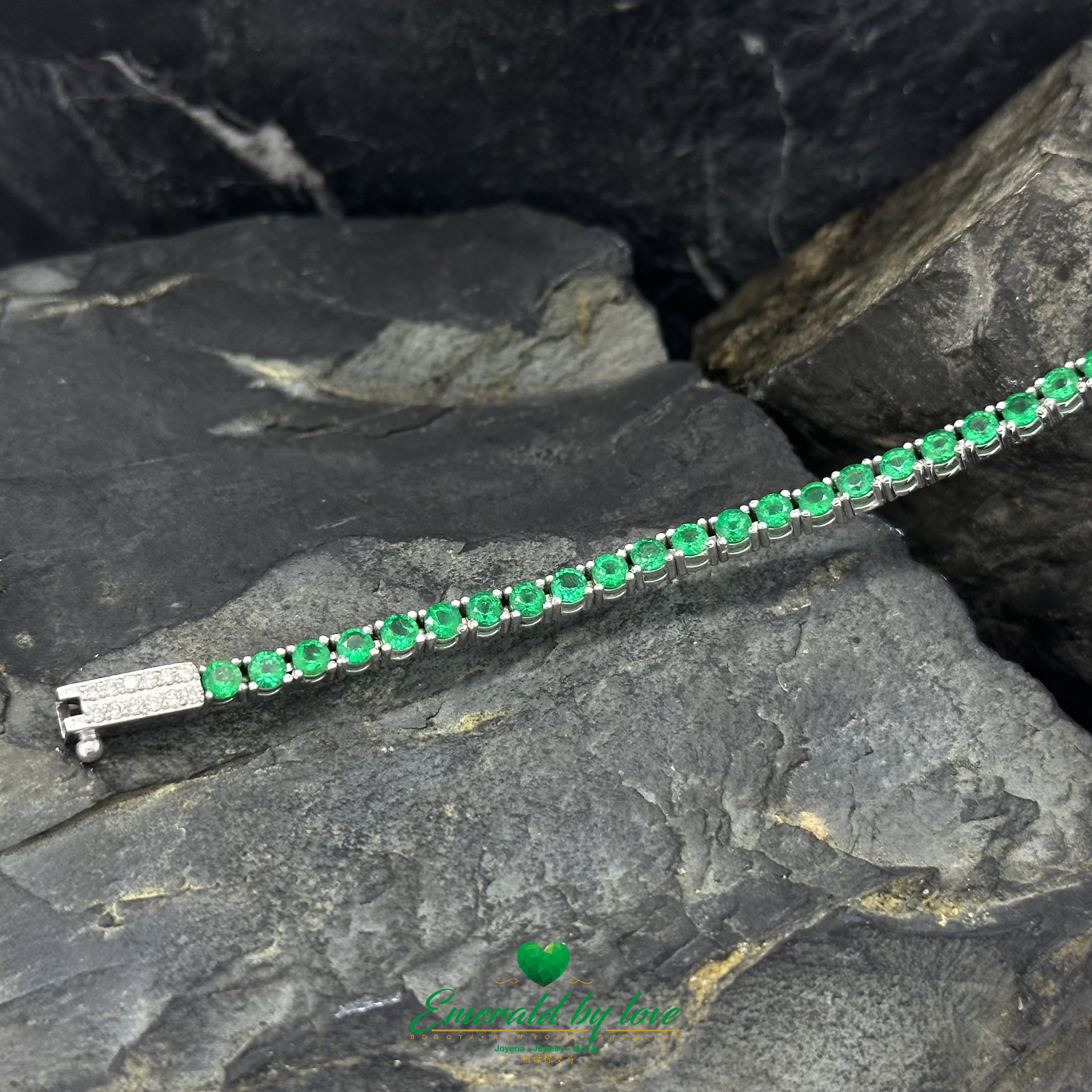 Certified Colombian Round Emerald Tennis Bracelet in White Gold
