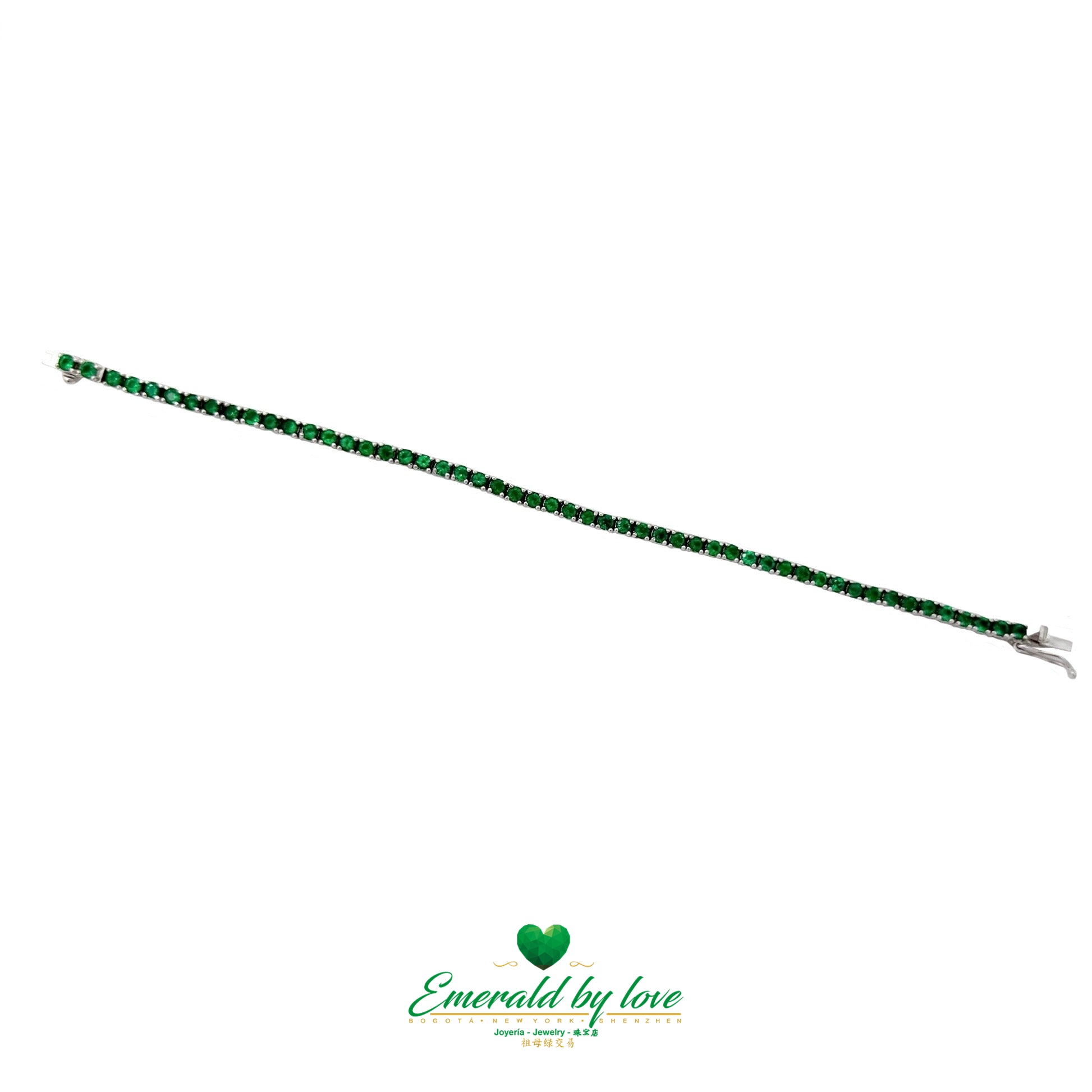 18K White Gold Bracelet with Premium Round Emeralds and Emerald-Set Safety Clasp