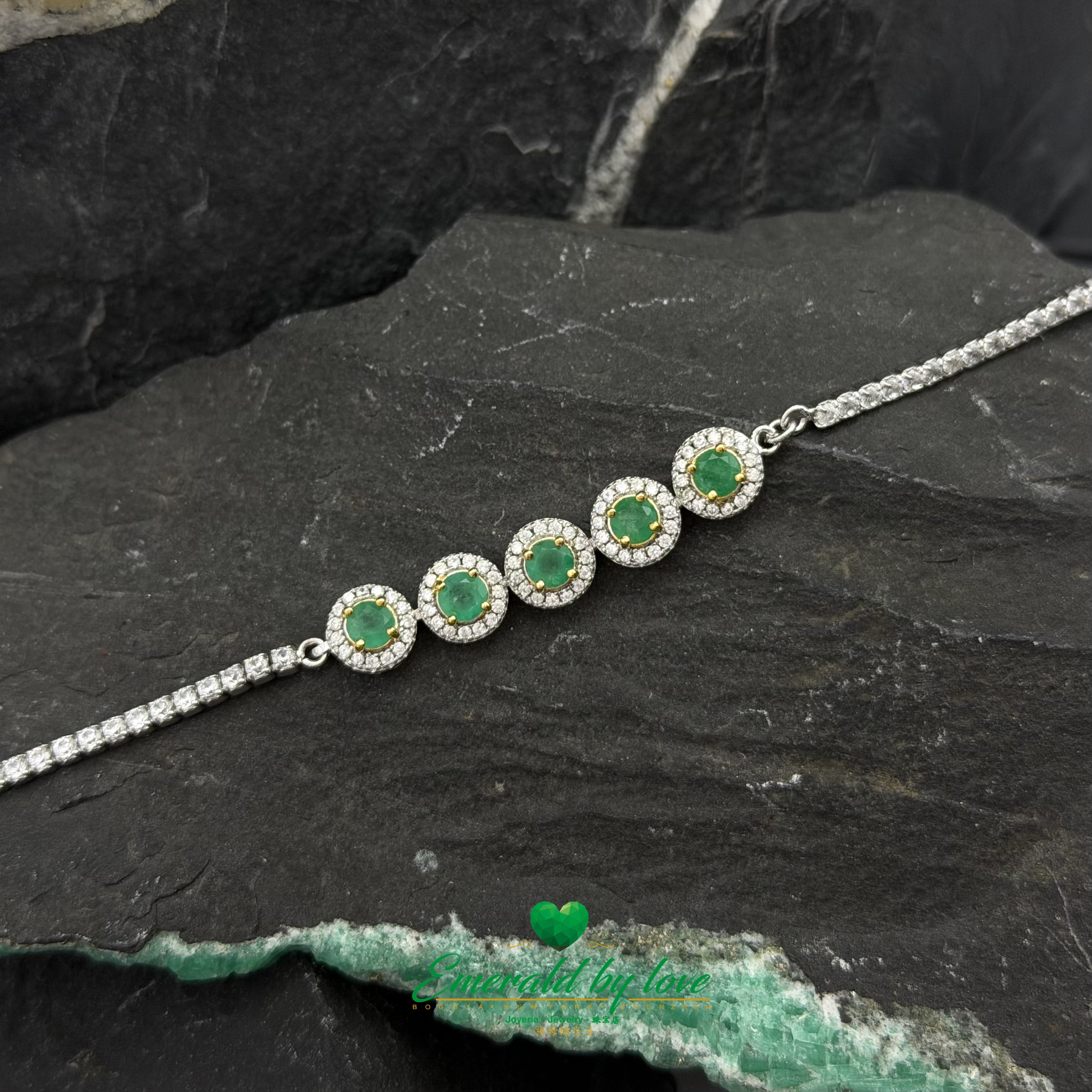 925 Silver Bracelet with 5 Round Marquise Settings and Central Colombian Emeralds