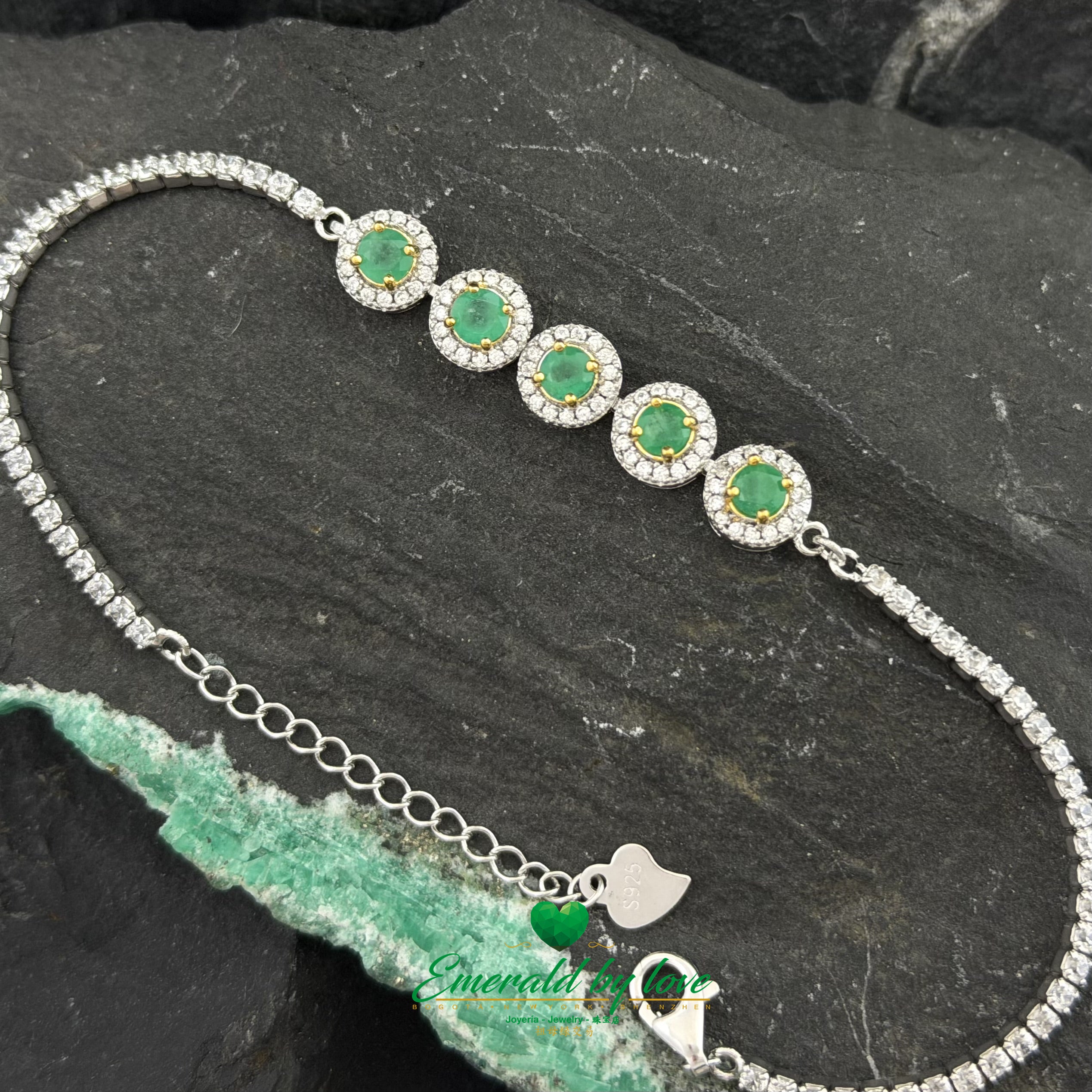 925 Silver Bracelet with 5 Round Marquise Settings and Central Colombian Emeralds
