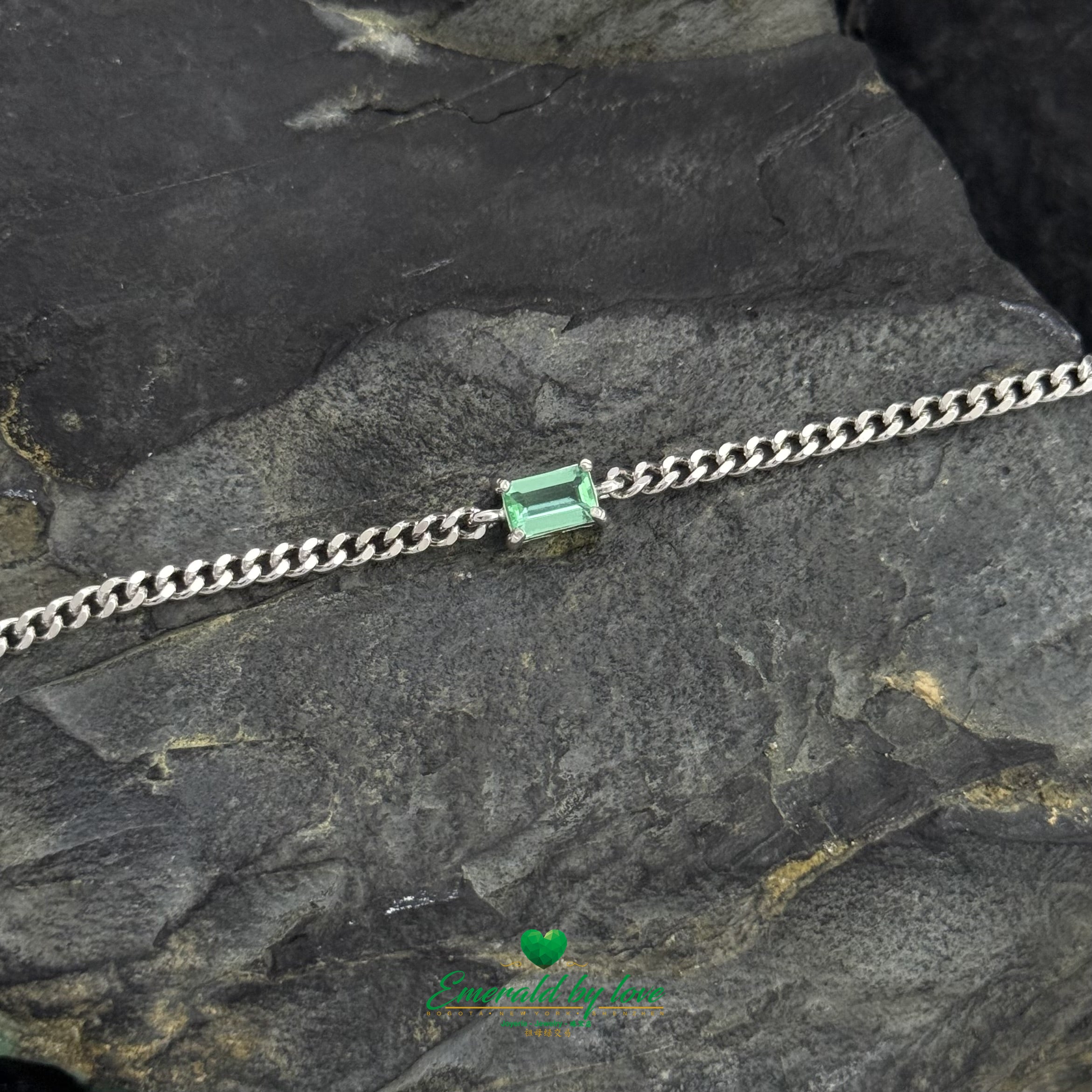 925 Sterling Silver Bracelet with Colombian Baguette-Cut Emerald