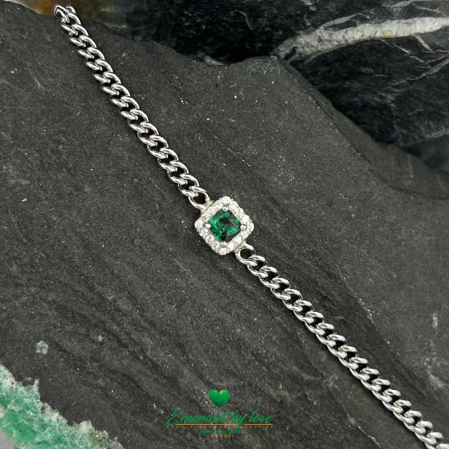 925 Rhodium-Plated Silver Bracelet with Certified Central Emerald