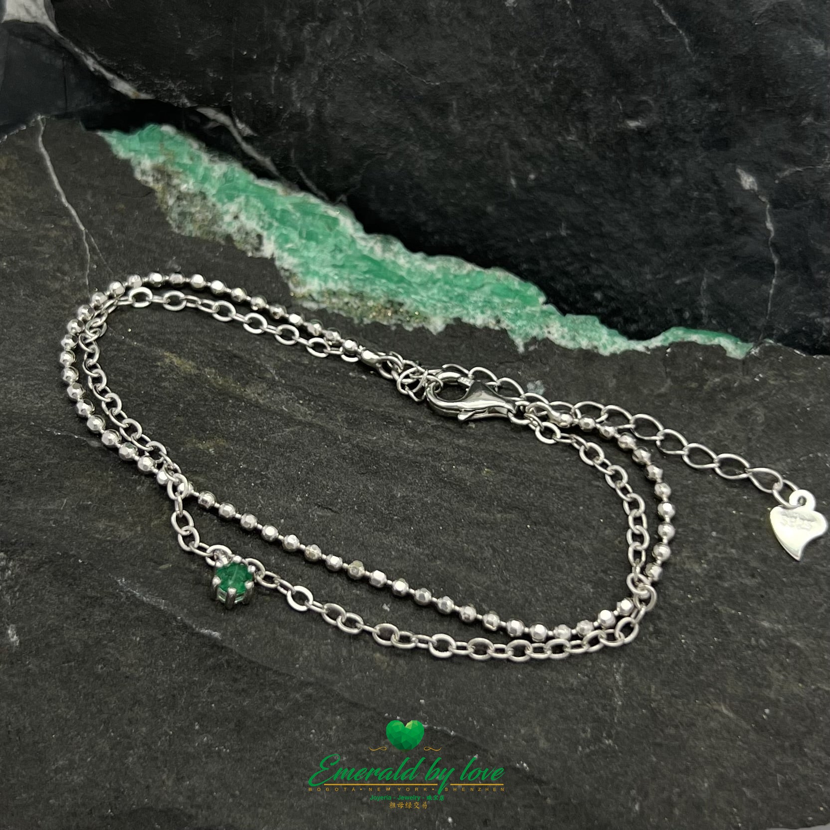 Sterling Silver Double Chain Bracelet with Delicate Round Central Emerald