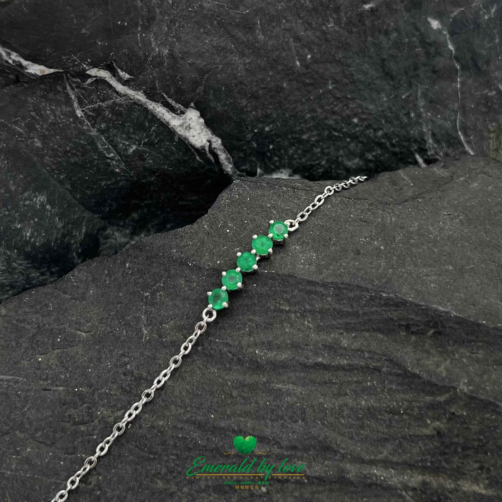 Sterling Silver Bracelet with Five Round Central Emeralds in Rich Hues
