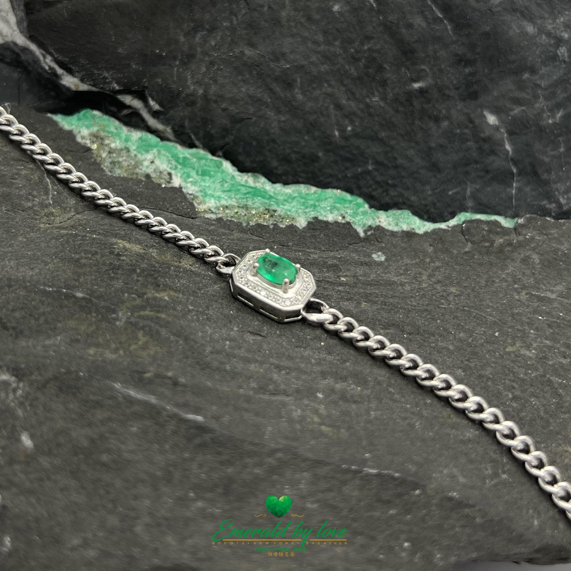 Sterling Silver Bracelet with Oval Crystal Emerald on Rectangular Plate