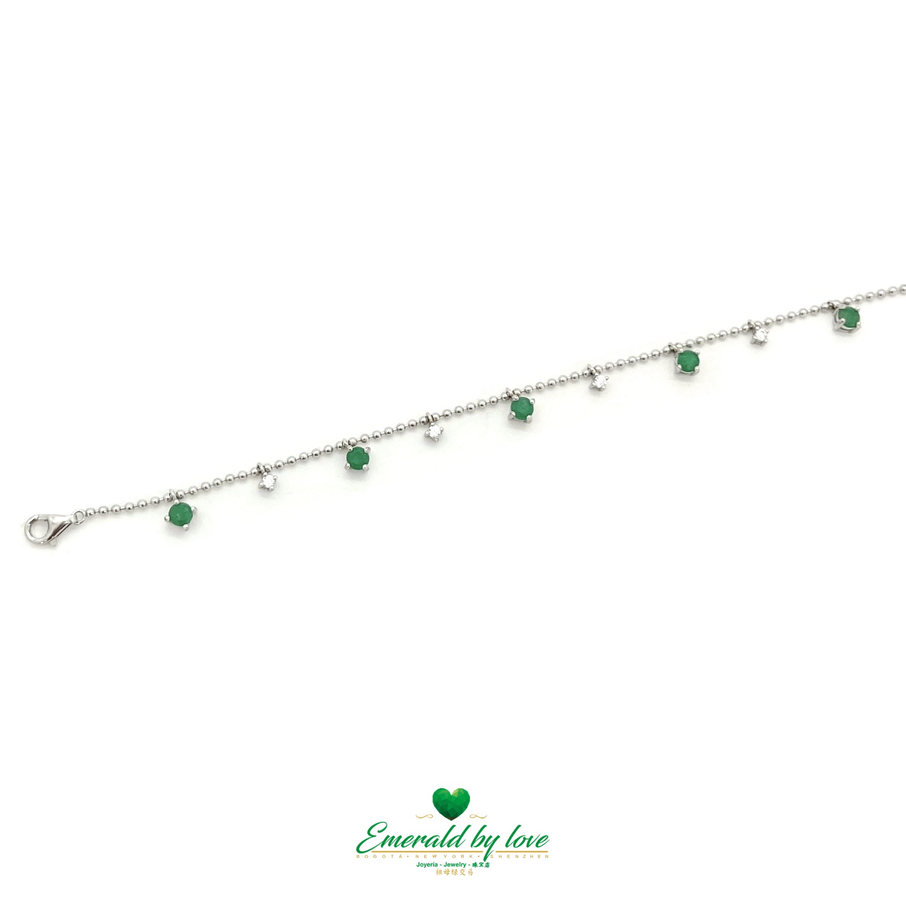 Sterling Silver Bracelet with Emerald Charms and Interspersed Round White Zircons