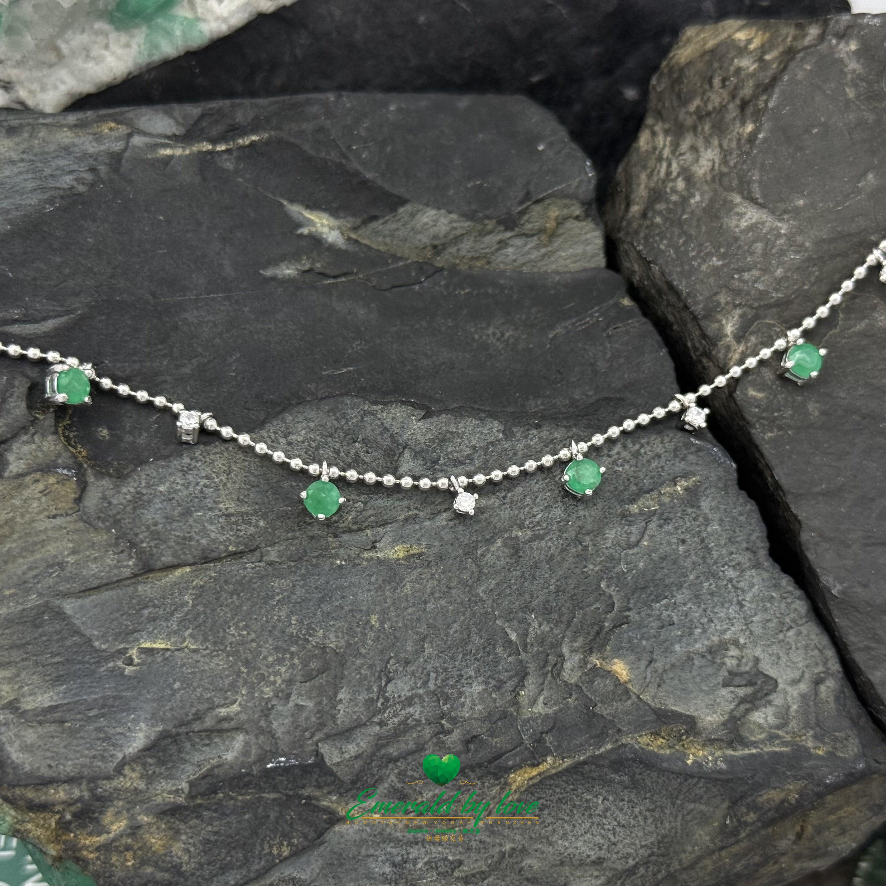Sterling Silver Bracelet with Emerald Charms and Interspersed Round White Zircons