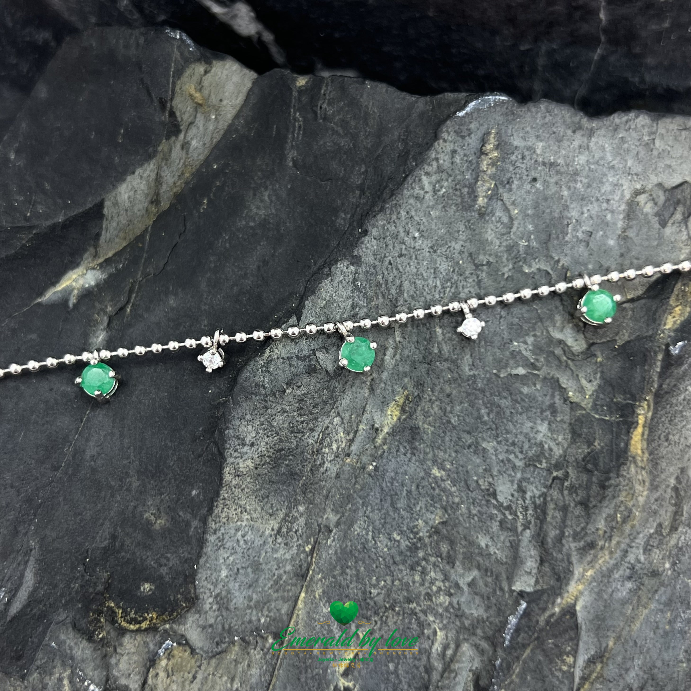 Sterling Silver Bracelet with Emerald Charms and Interspersed Round White Zircons