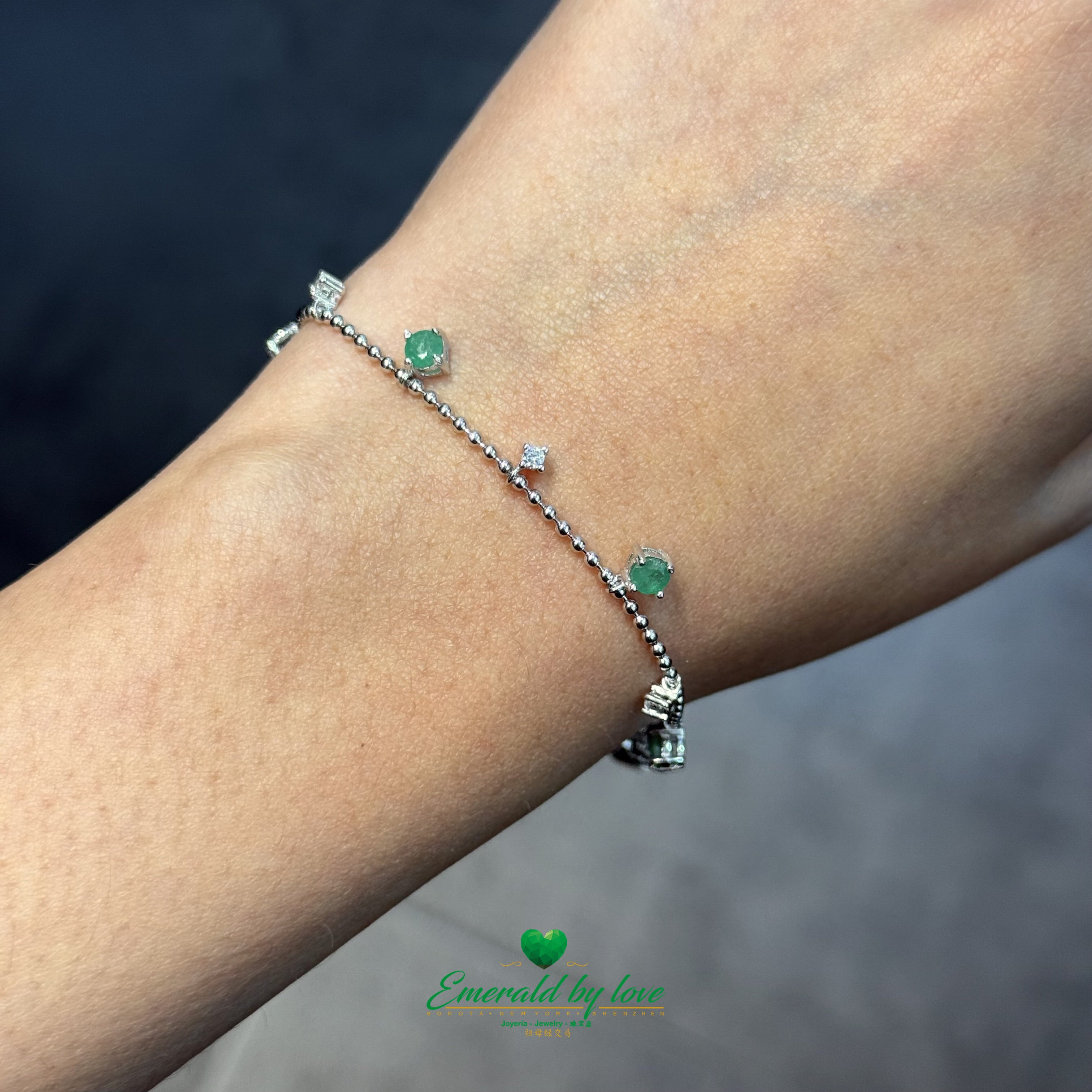 Sterling Silver Bracelet with Emerald Charms and Interspersed Round White Zircons