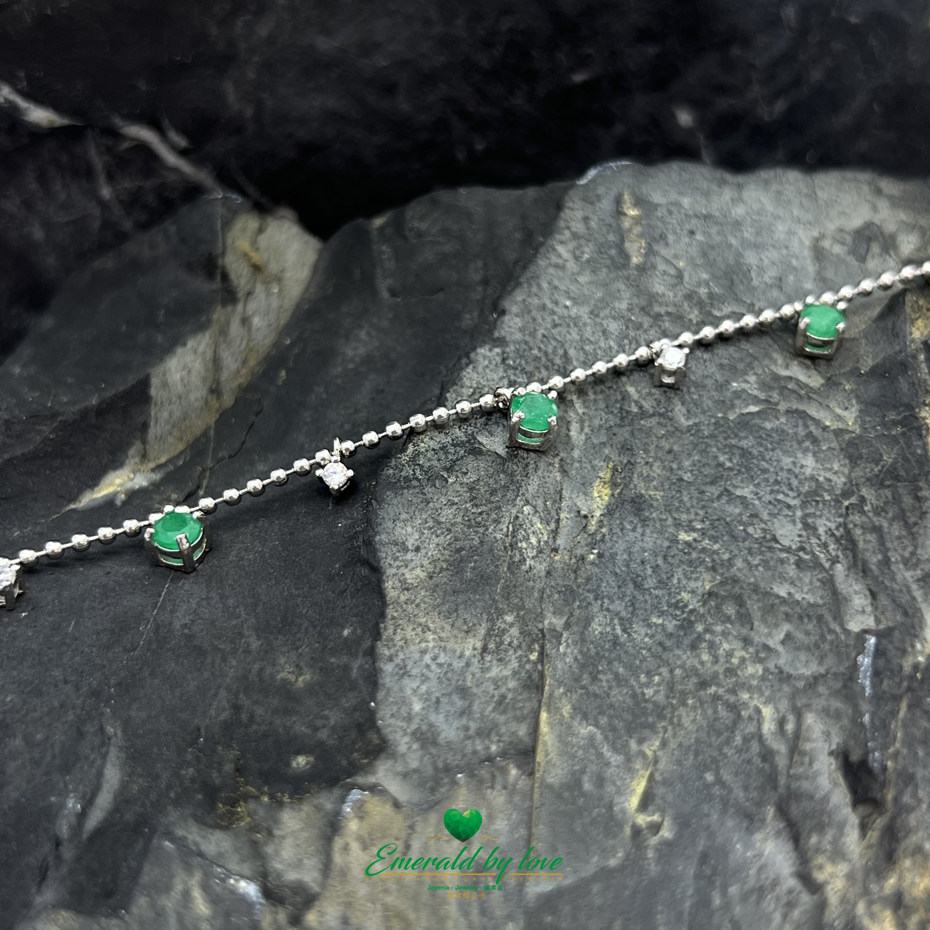 Sterling Silver Bracelet with Emerald Charms and Interspersed Round White Zircons