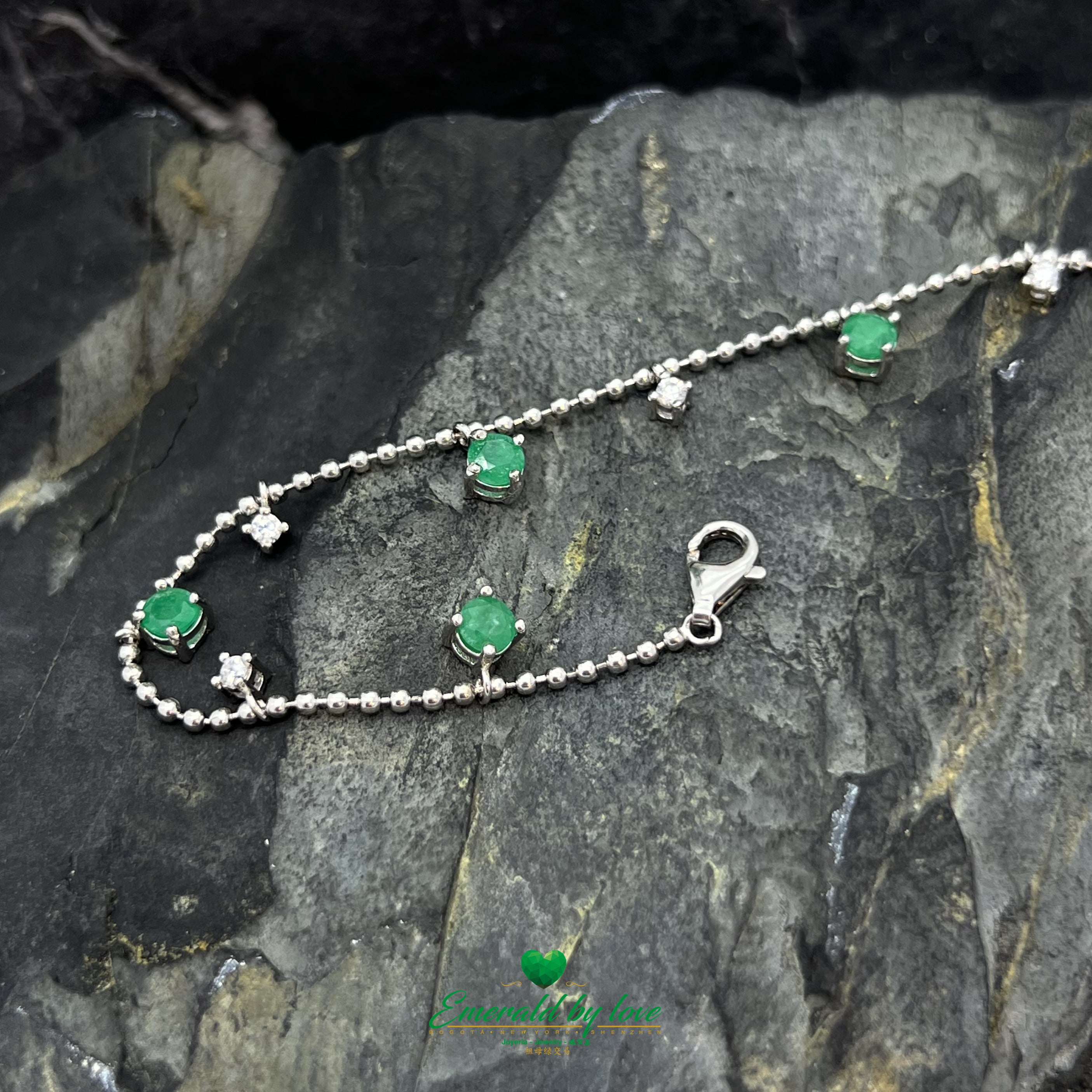 Sterling Silver Bracelet with Emerald Charms and Interspersed Round White Zircons