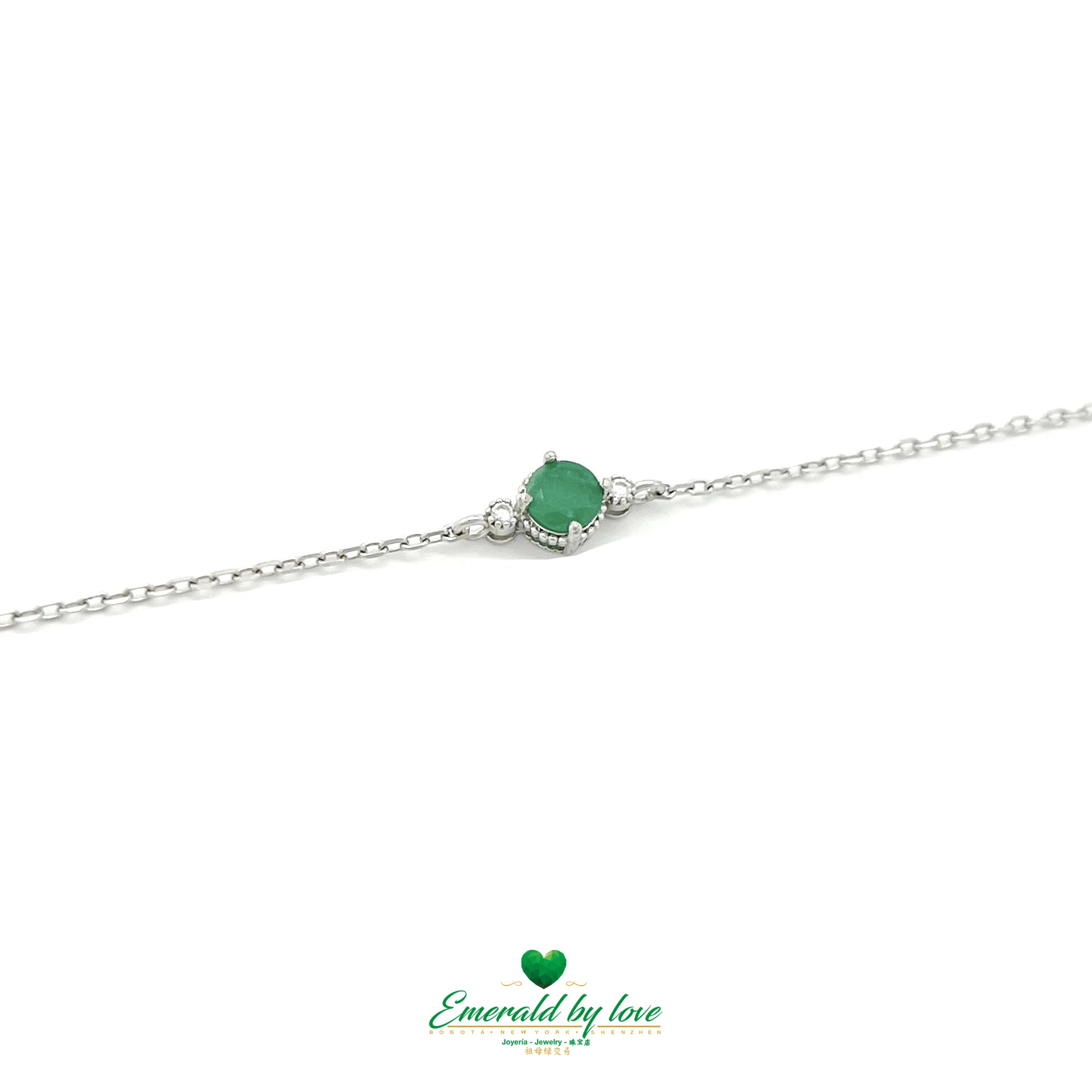 Silver Bracelet with Central Round Emerald and White Zircons