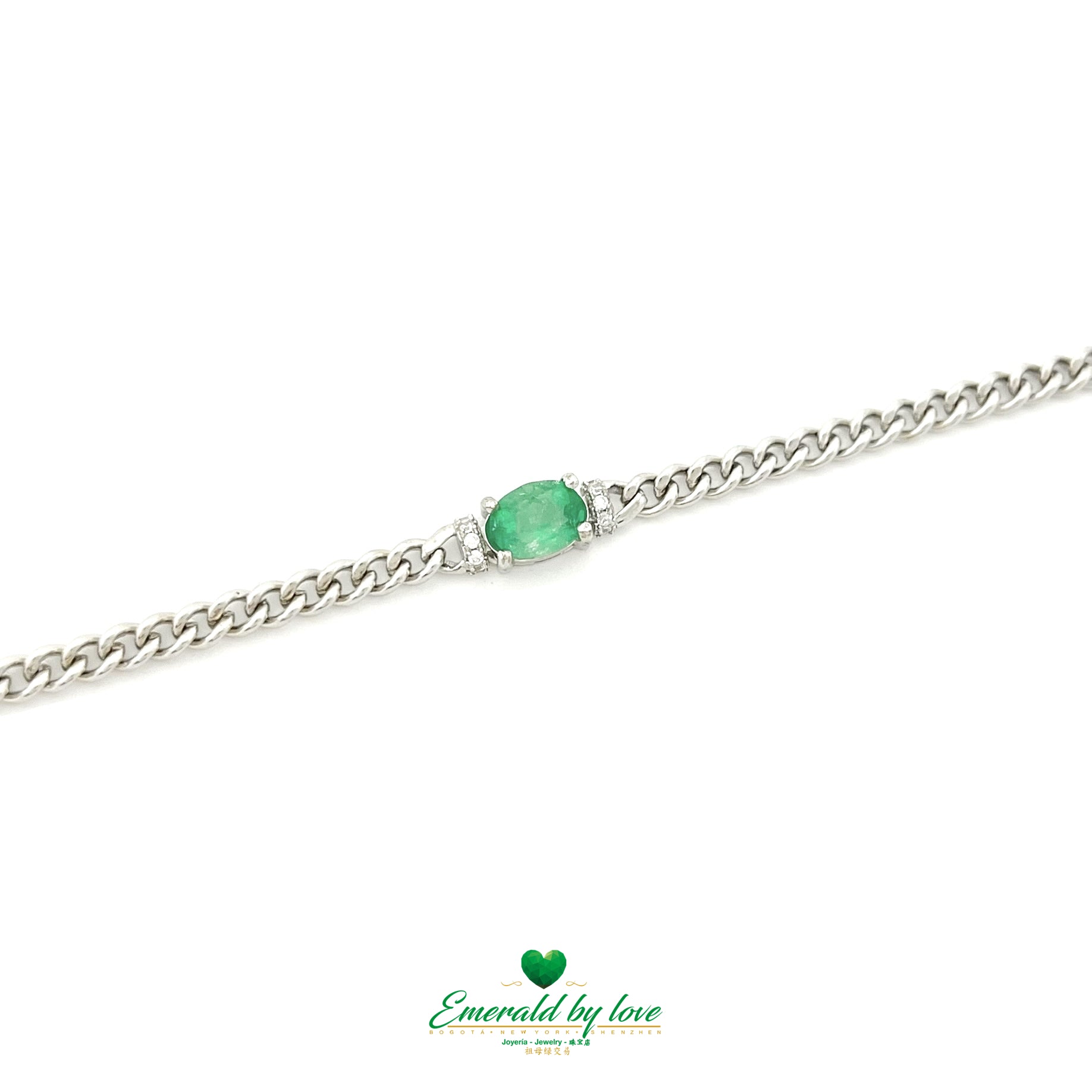 Chunky Chain Bracelet with Central Oval Emerald and White Zircon Accents