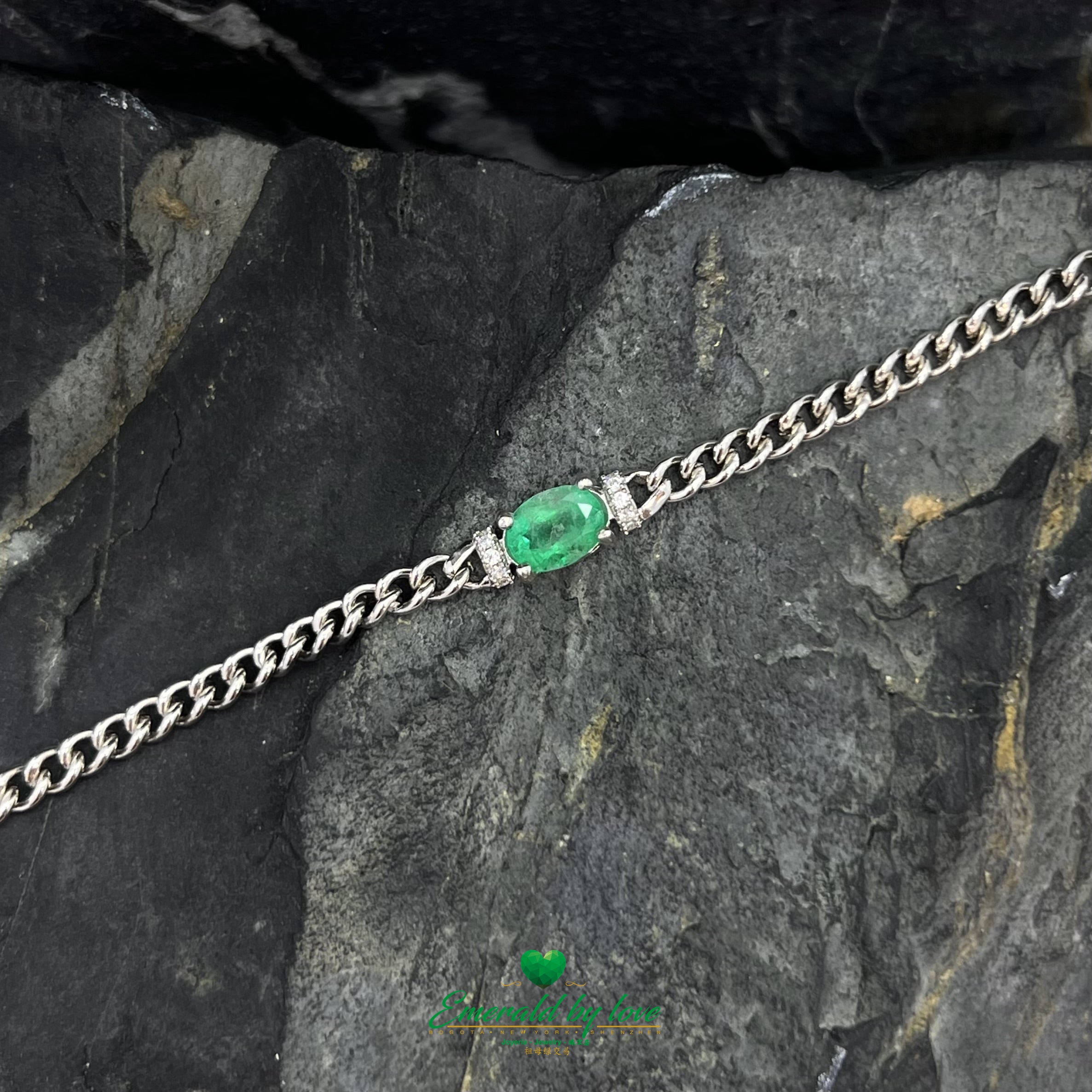 Chunky Chain Bracelet with Central Oval Emerald and White Zircon Accents