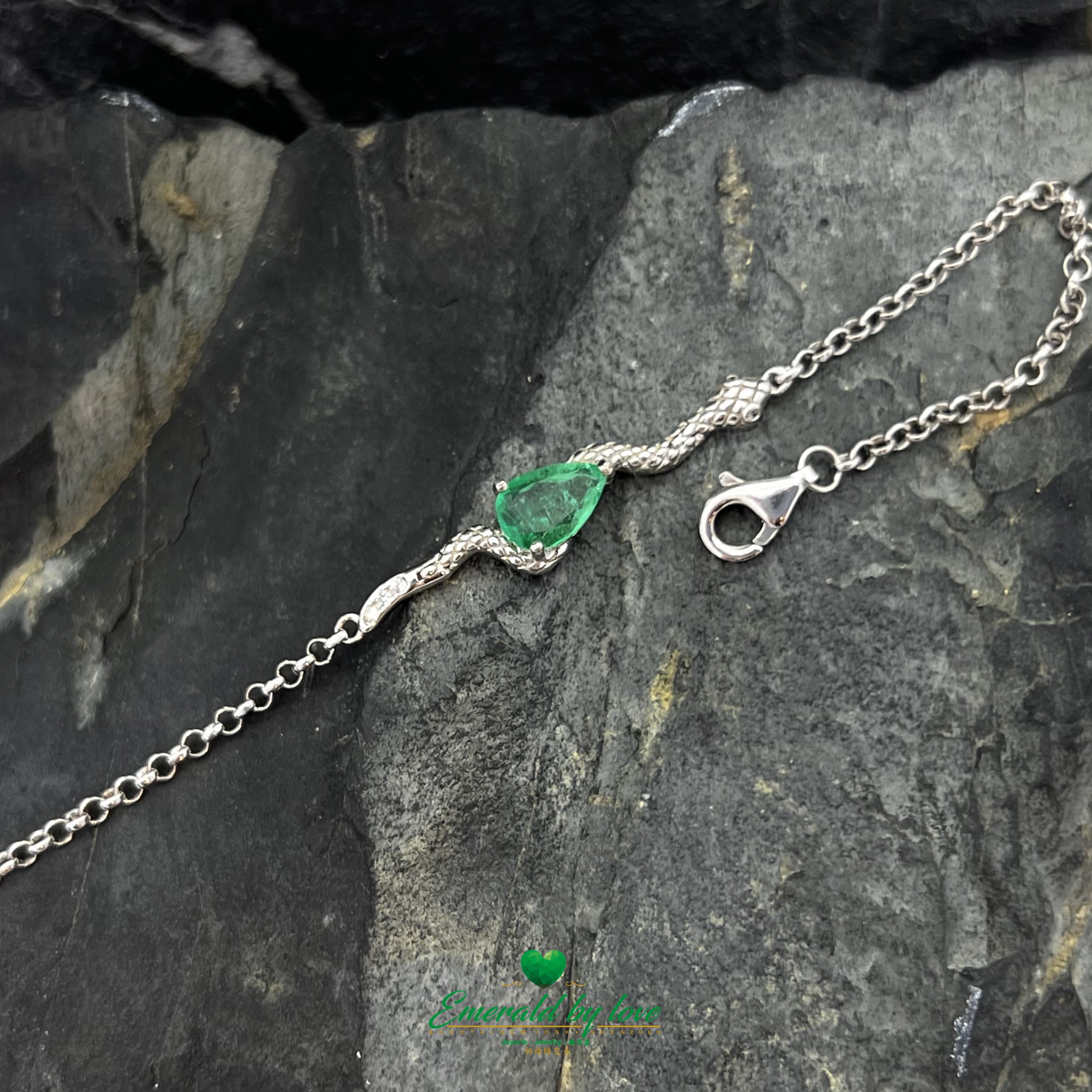 Stunning Snake Charm Bracelet with Central Teardrop Emerald