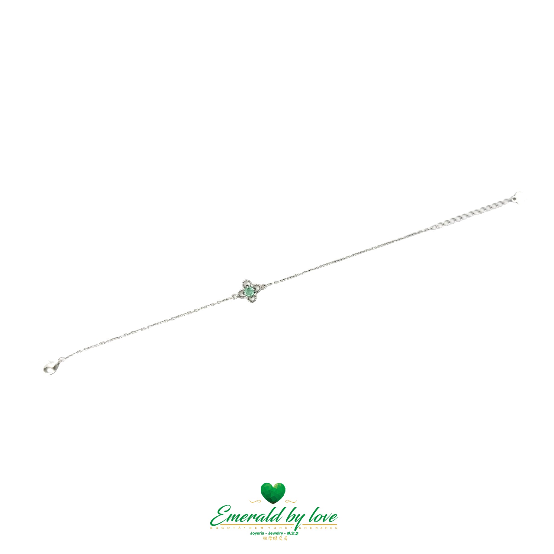 Sterling Silver Flower Bracelet – 4-Petal Charm with Colombian Emerald