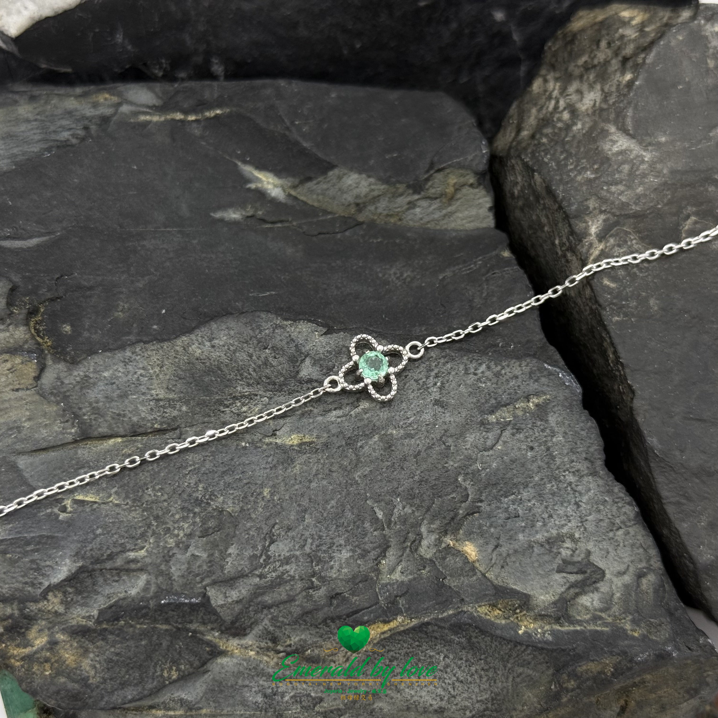 Sterling Silver Flower Bracelet – 4-Petal Charm with Colombian Emerald