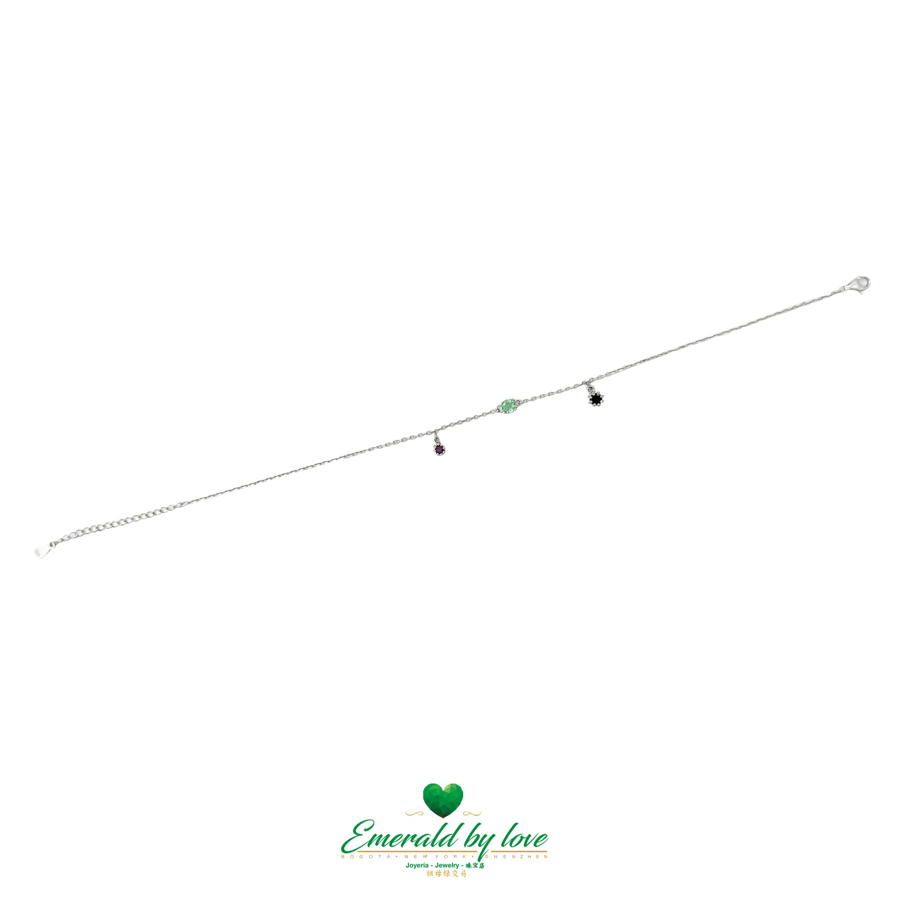 Sterling Silver Anklet – Round Emerald with Ruby & Sapphire Charms
