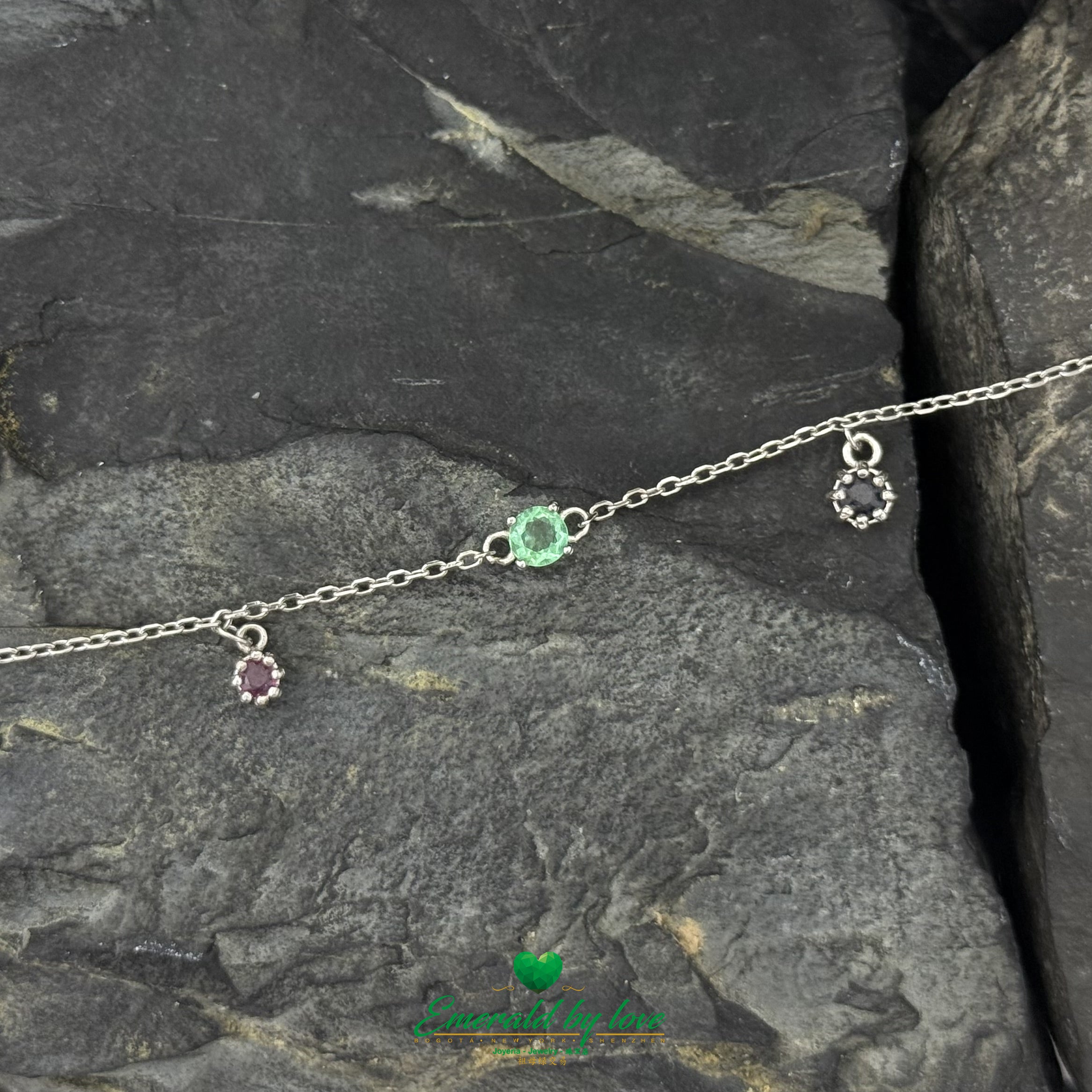 Sterling Silver Anklet – Round Emerald with Ruby & Sapphire Charms