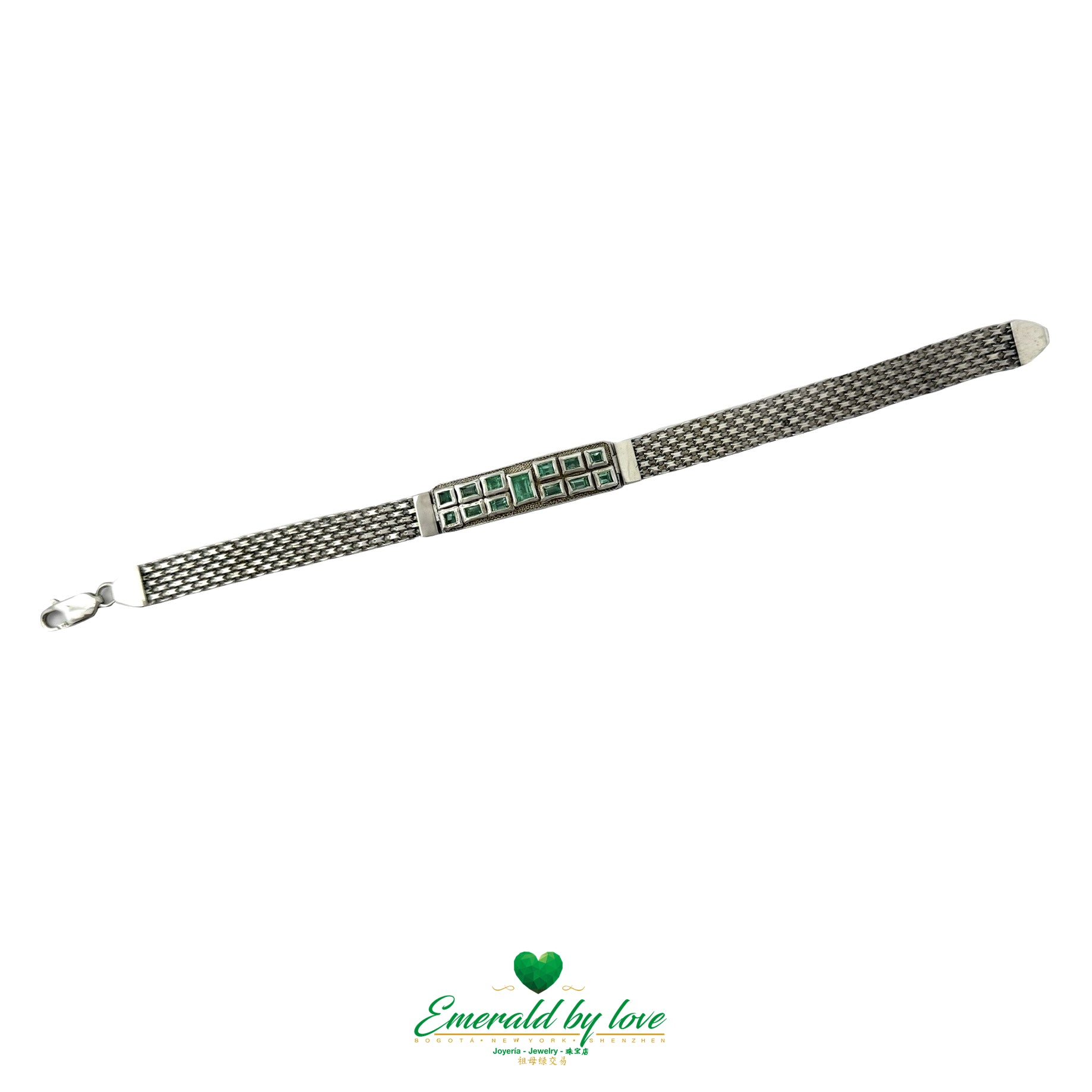 Men’s Sterling Silver Bracelet – Bold Clasp with Baguette-Cut Emeralds