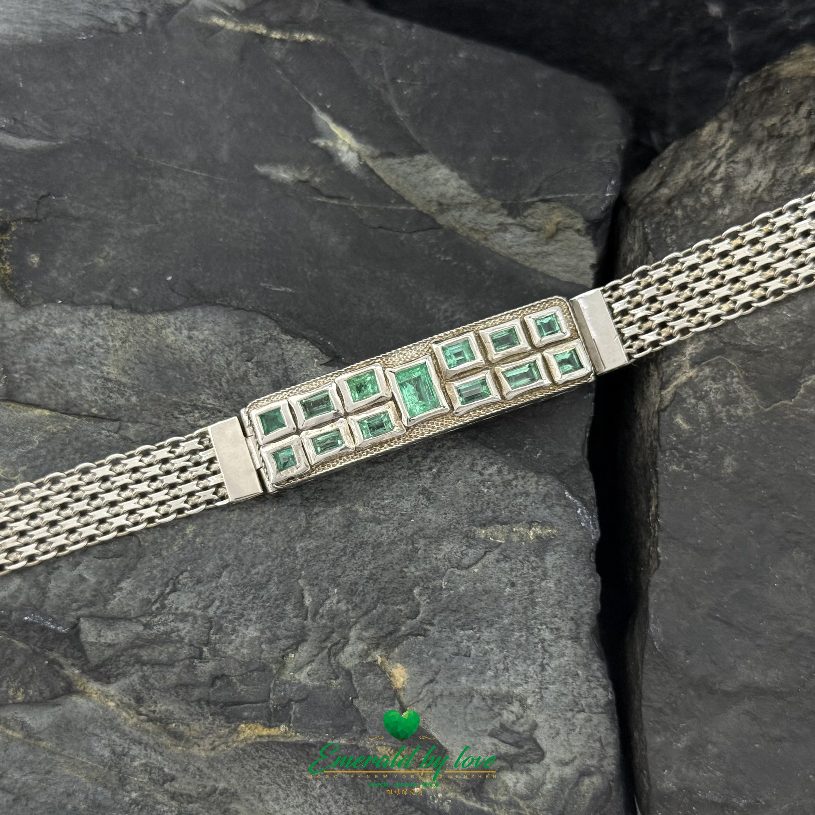 Men’s Sterling Silver Bracelet – Bold Clasp with Baguette-Cut Emeralds