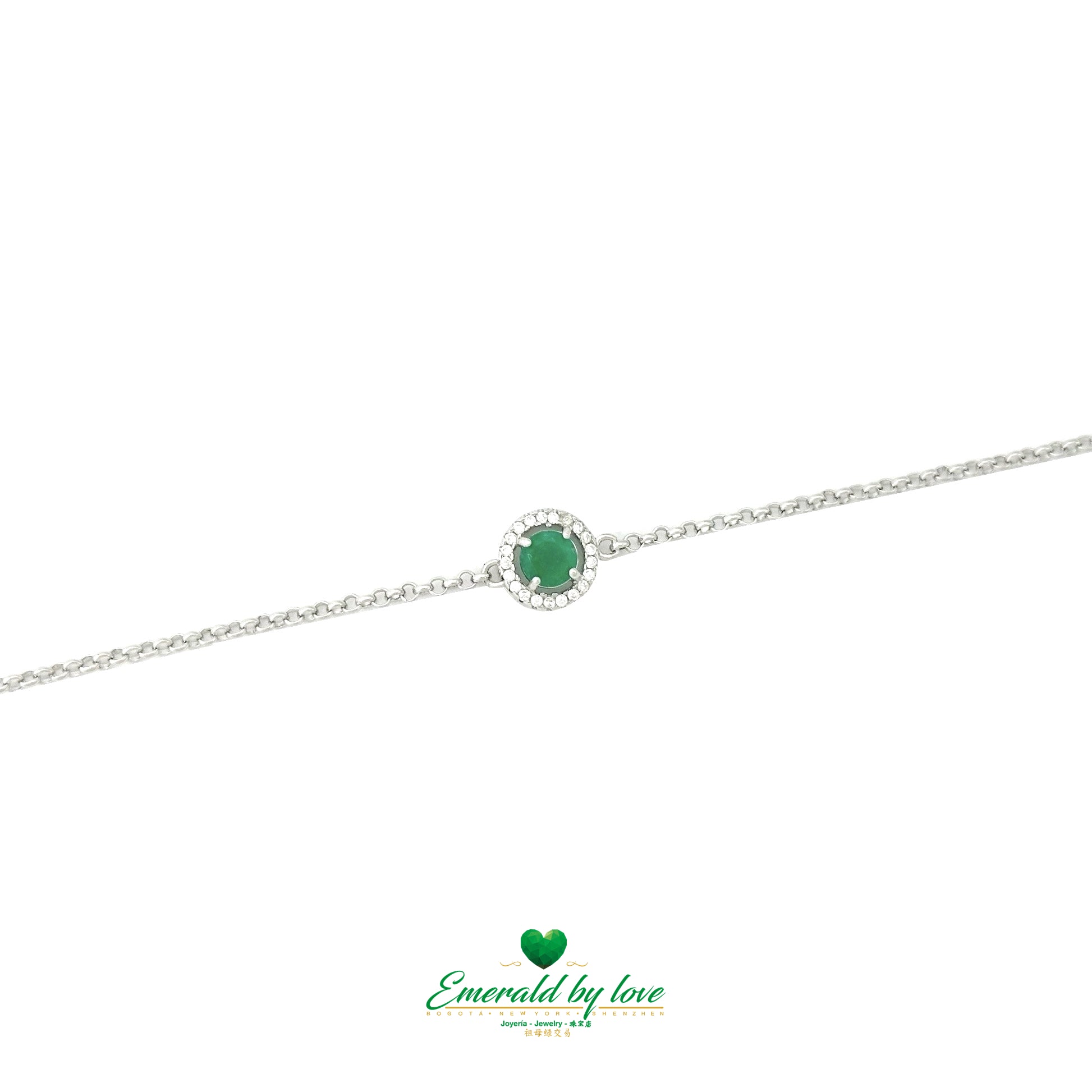 925 Silver Bracelet with Central Round Marquise Emerald Surrounded by Zirconia