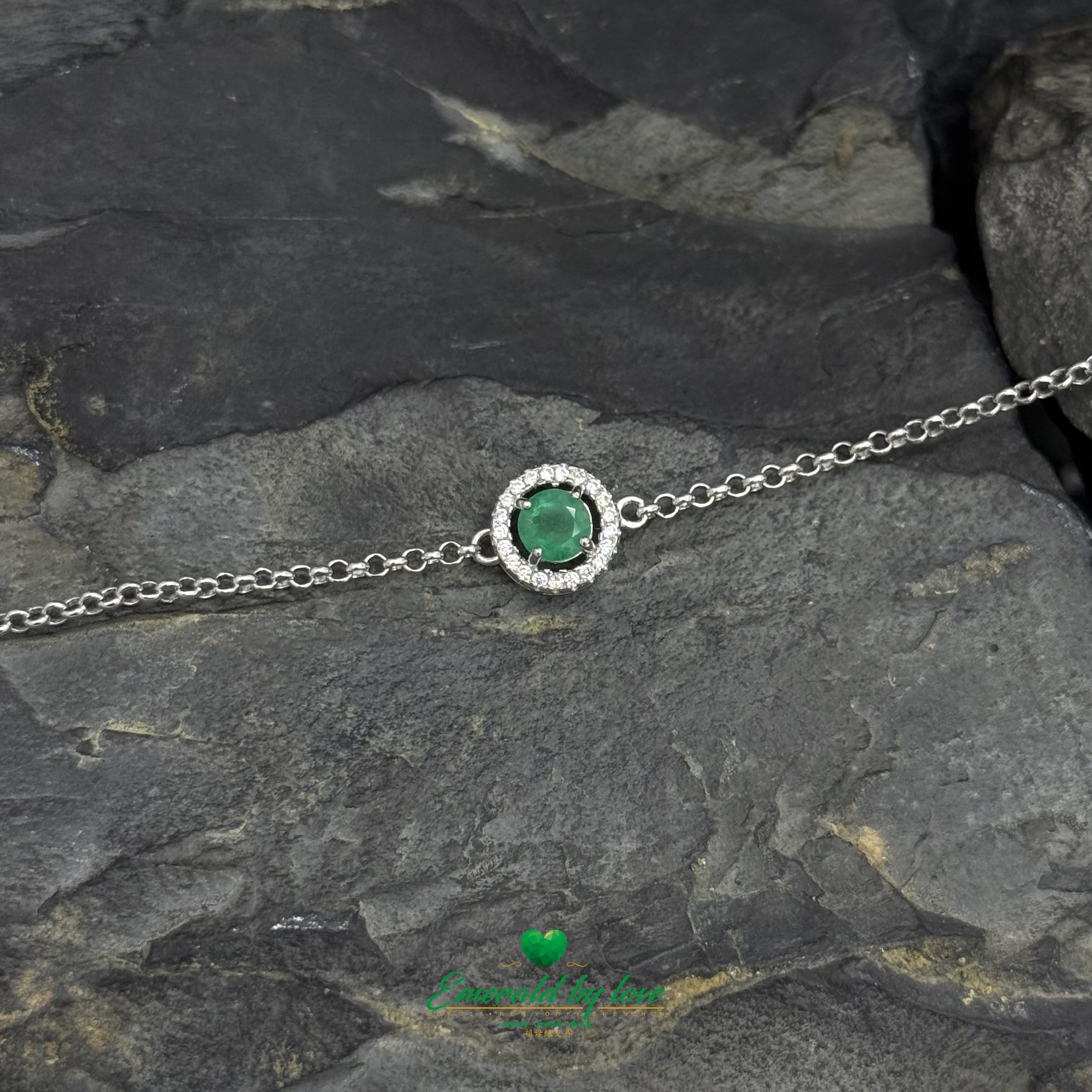 925 Silver Bracelet with Central Round Marquise Emerald Surrounded by Zirconia
