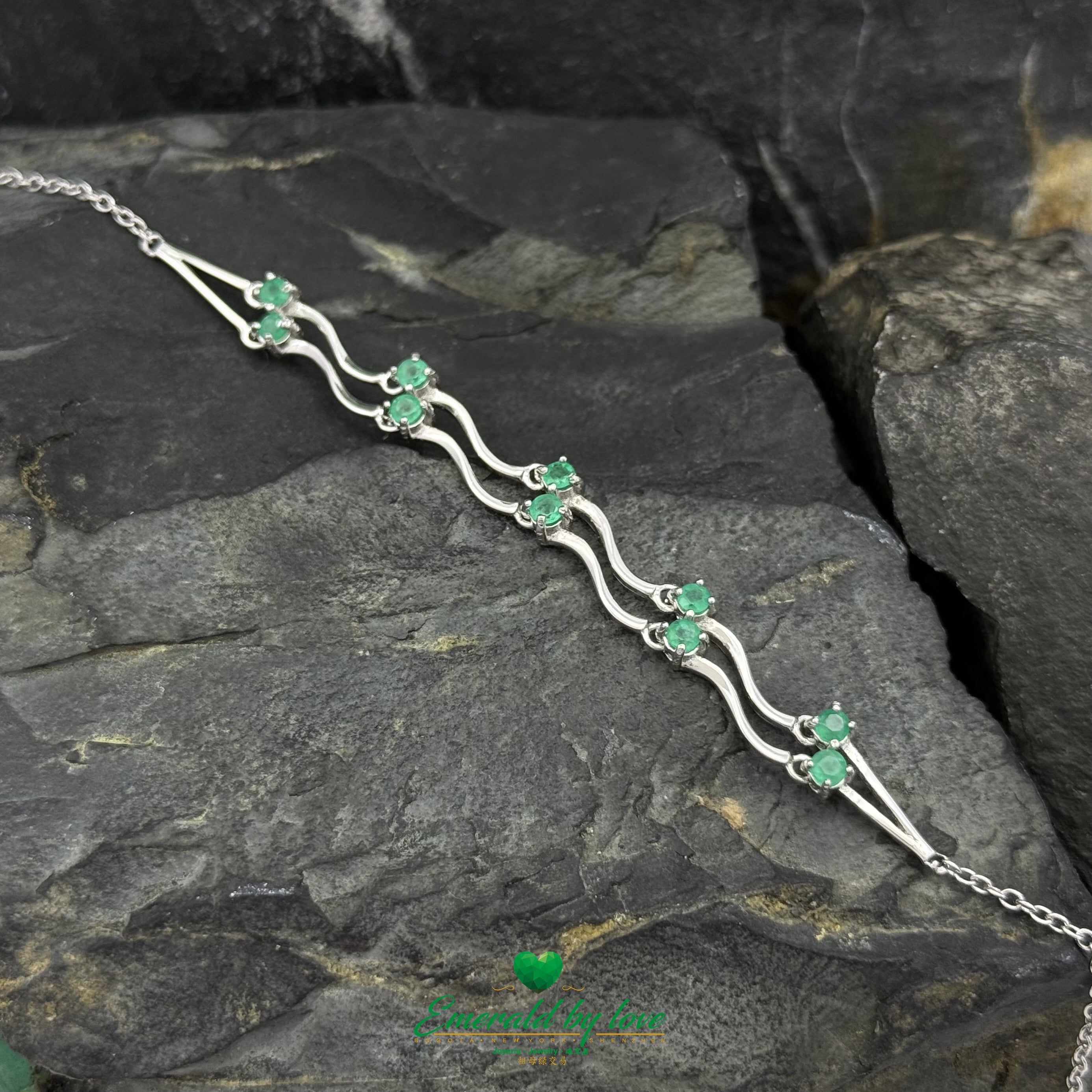 Double Emerald Arabesque Bracelet – Sterling Silver with Round Emerald Crystals