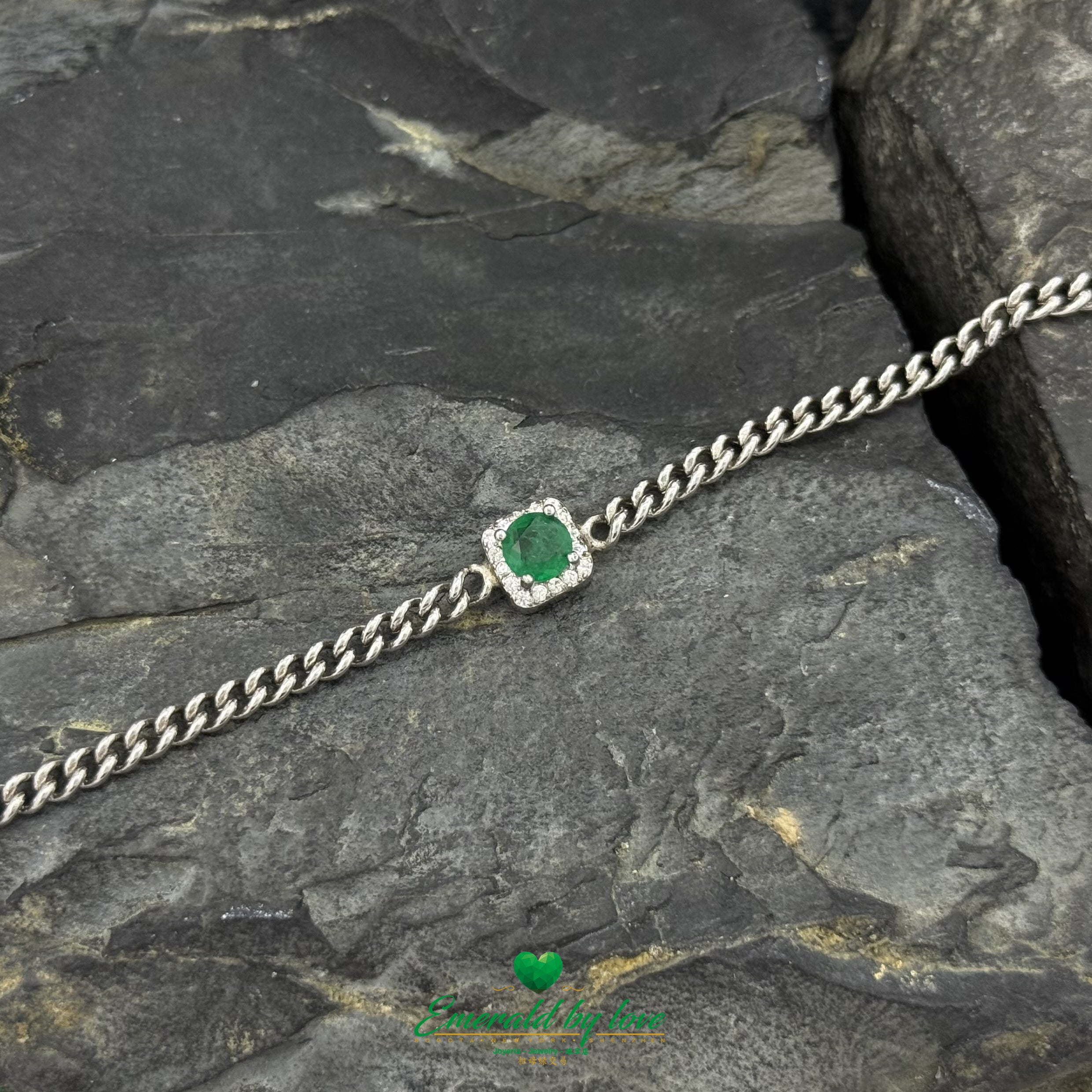 Sterling Silver Emerald Bracelet – Round Colombian Emerald in Square Zircon Halo Design