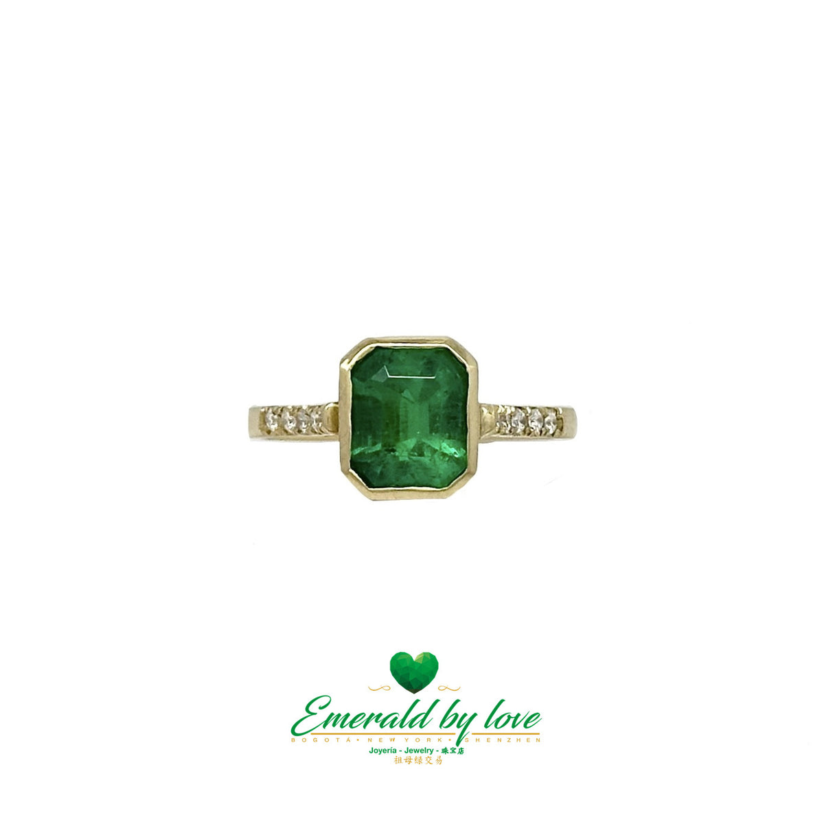 Bezel-Set Emerald-Cut Emerald Engagement Ring with Diamond Band