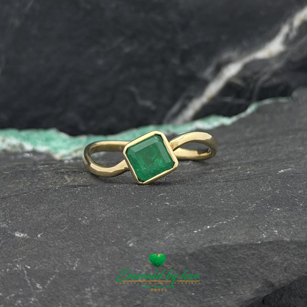 Bezel-Set Square Emerald Ring with Curved Band