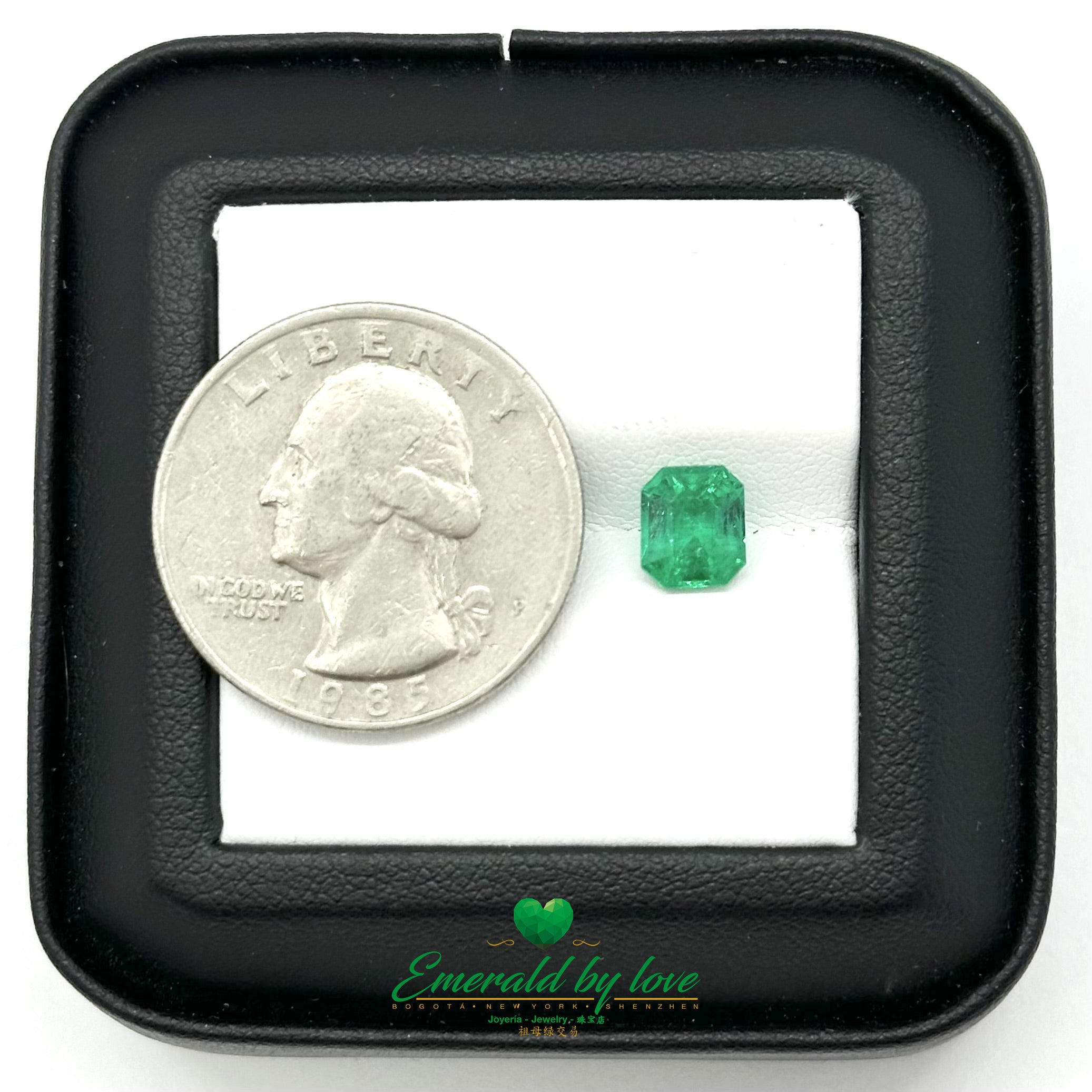 Emerald-cut Colombian gem weighing 1.24 carats with brilliant deep green hue and clarity