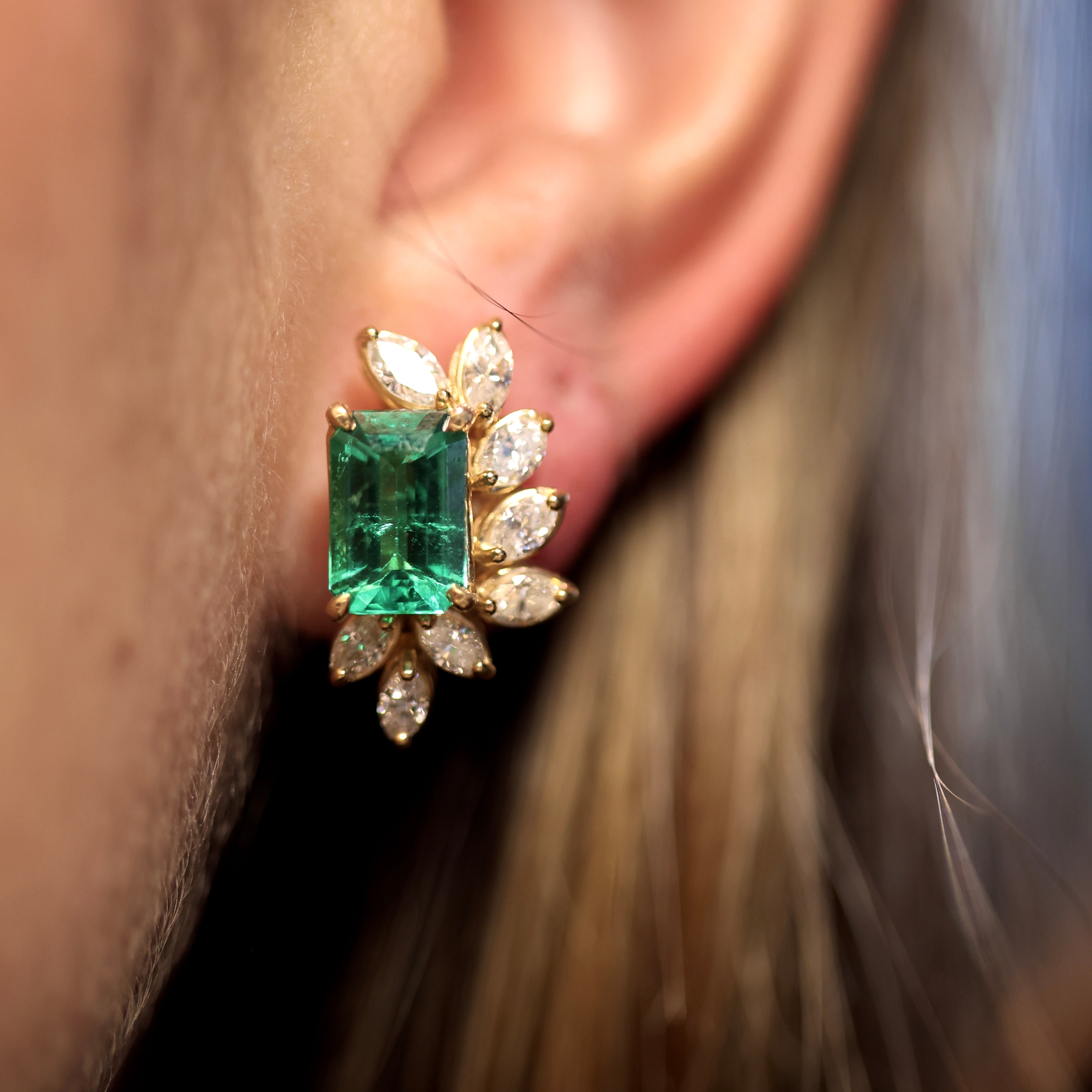 Yellow Gold Fan Earrings with Colombian Emerald Baguettes | Luxury Jewelry