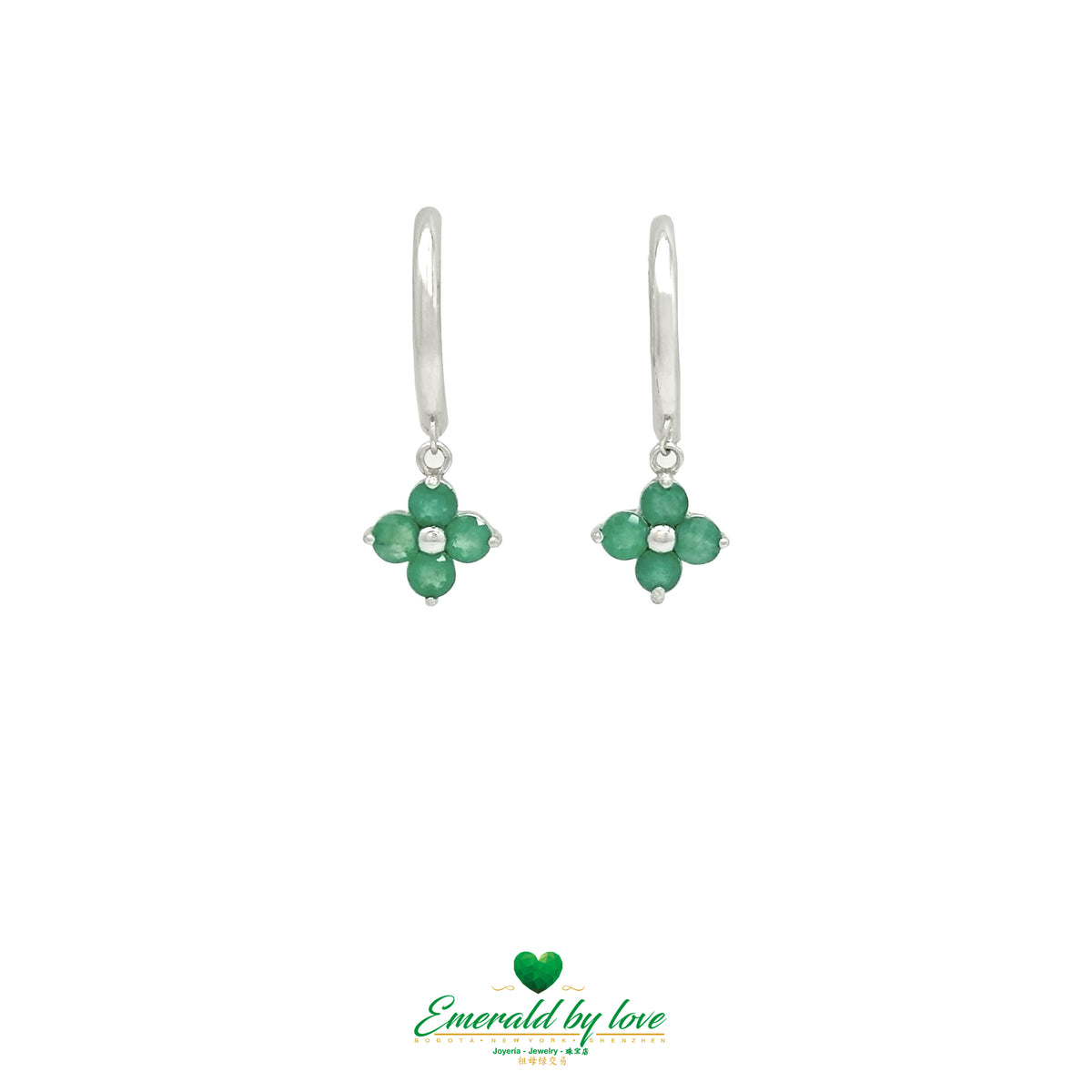 Colombian Emerald Clover Drop Hoop Earrings with Round Emeralds