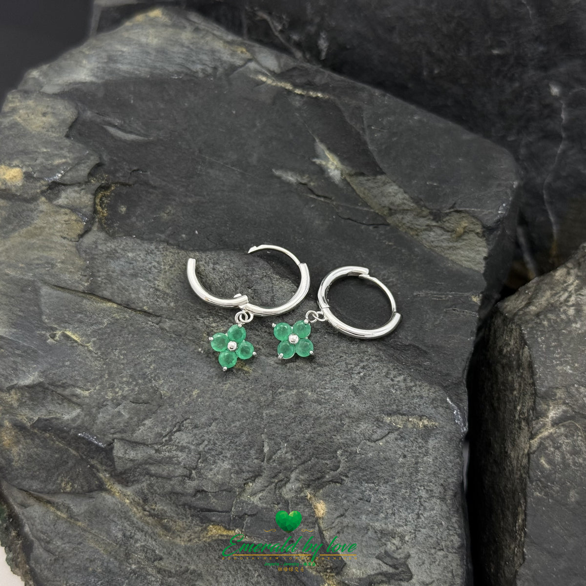 Colombian Emerald Drop Hoops with Clover-Shaped Round Emeralds