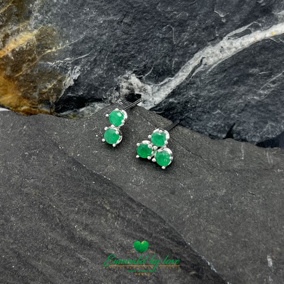 Colombian Emerald Earrings with Round Stones and Triangle Detail