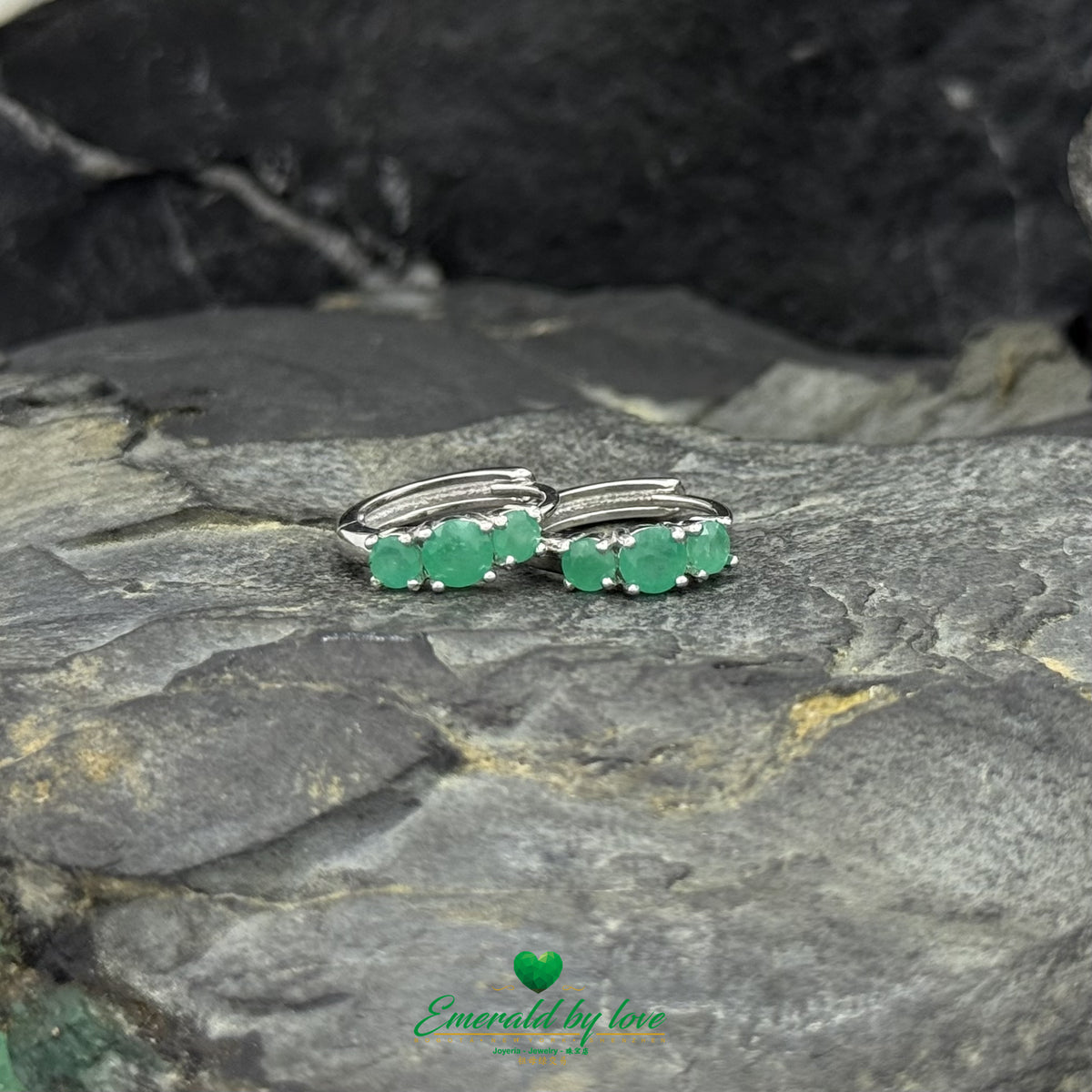 Colombian Emerald Hoops Featuring Three Round Emeralds