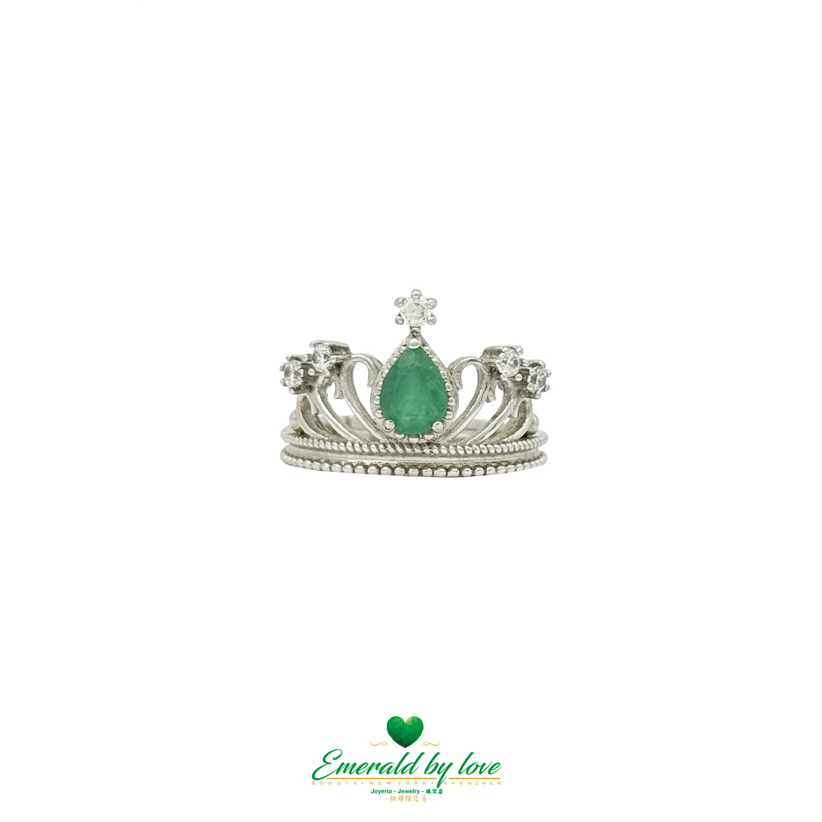 Crown-Inspired Ring with Pear-Shaped Emerald and Zircon Accents