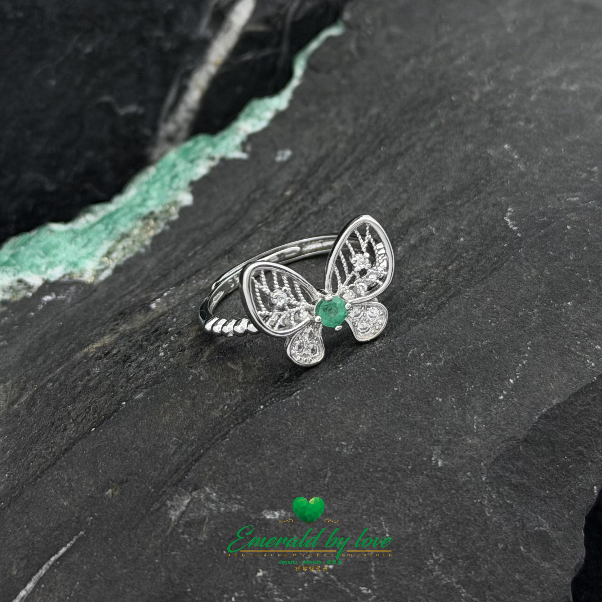 Filigree Butterfly Silver Ring with Colombian Emerald