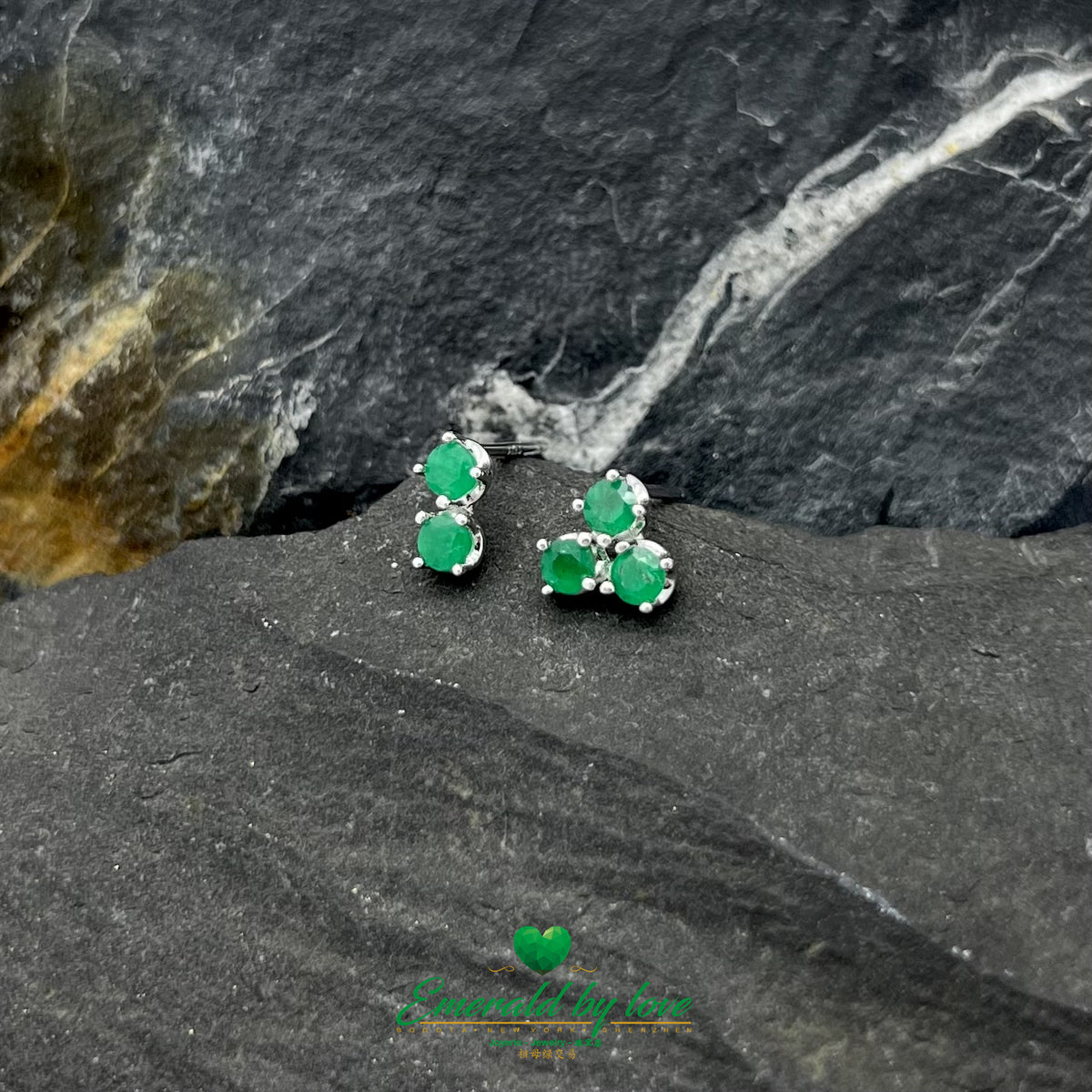 Double-Design Earrings with Round Colombian Emeralds and Triangle Detail