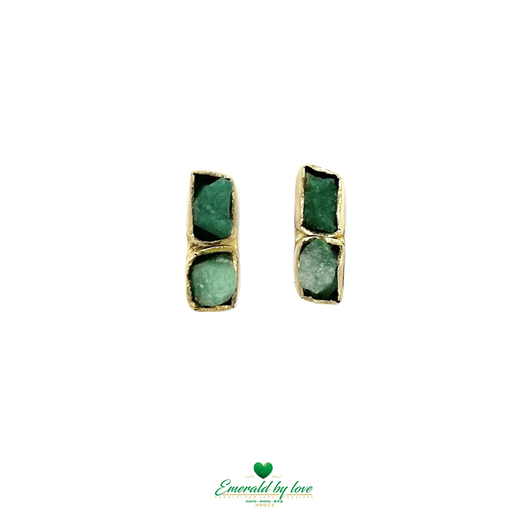 Elegant Double Rectangle Gold-Plated Earrings with Rough Emeralds