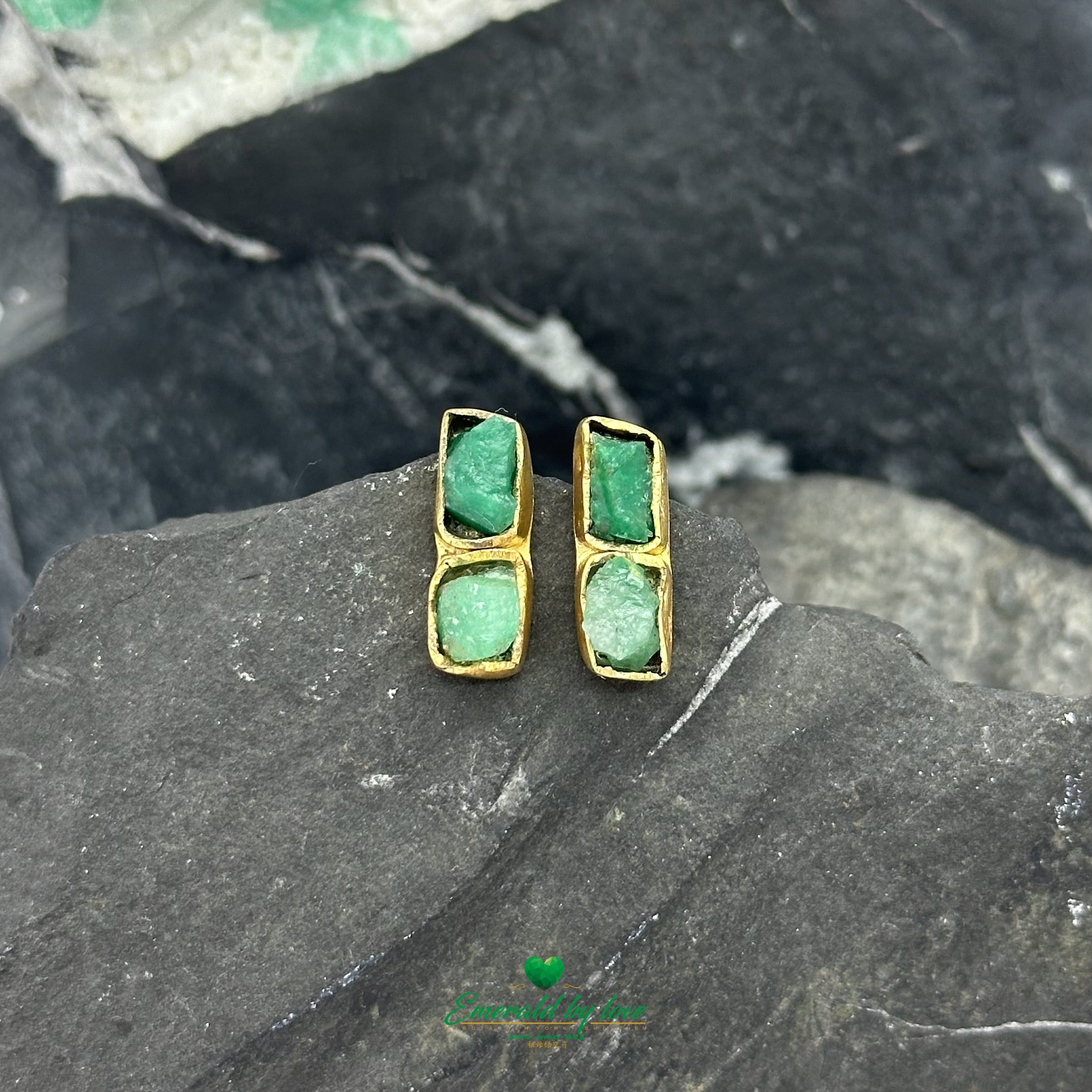 Elegant Double Rectangle Gold-Plated Earrings with Rough Emeralds