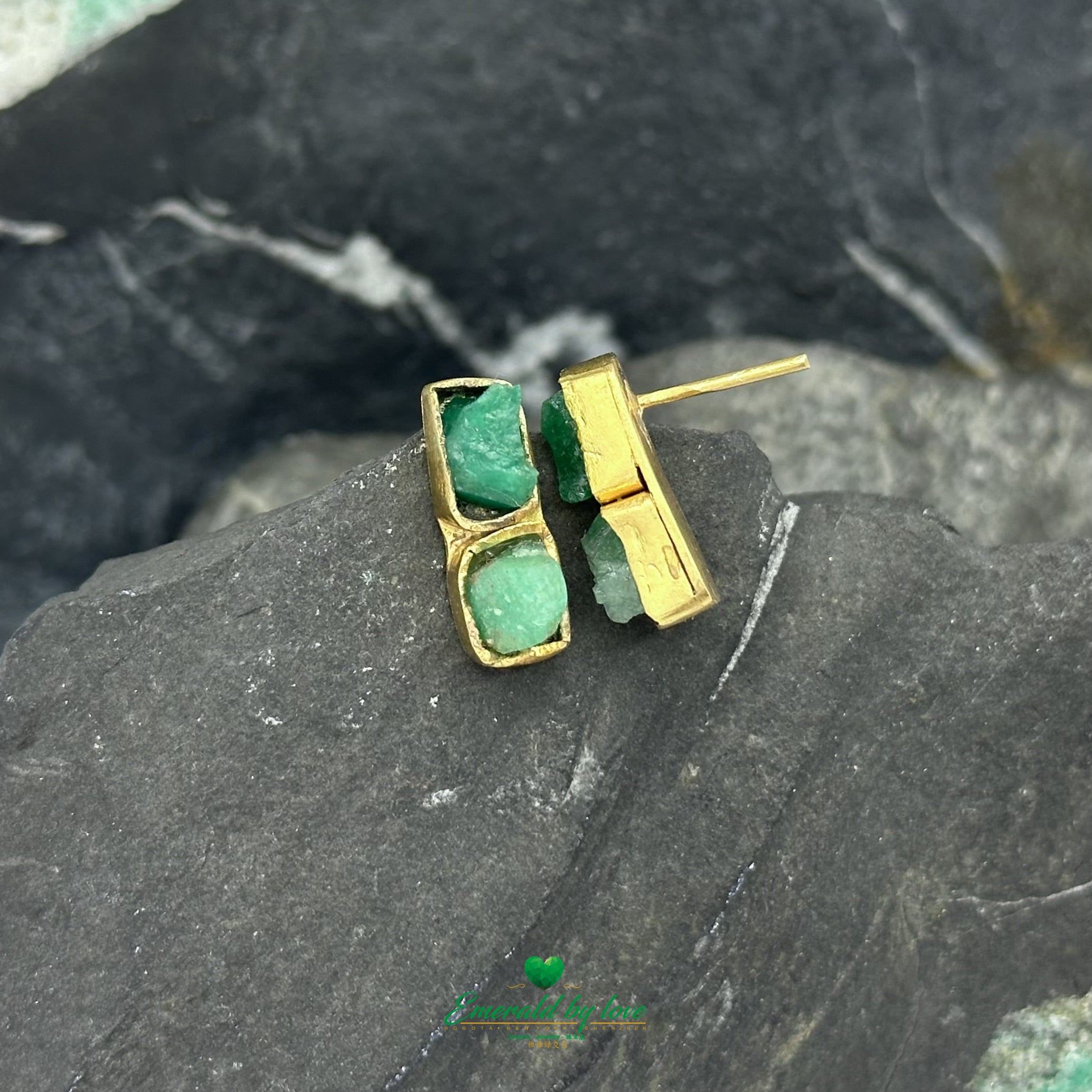 Elegant Double Rectangle Gold-Plated Earrings with Rough Emeralds