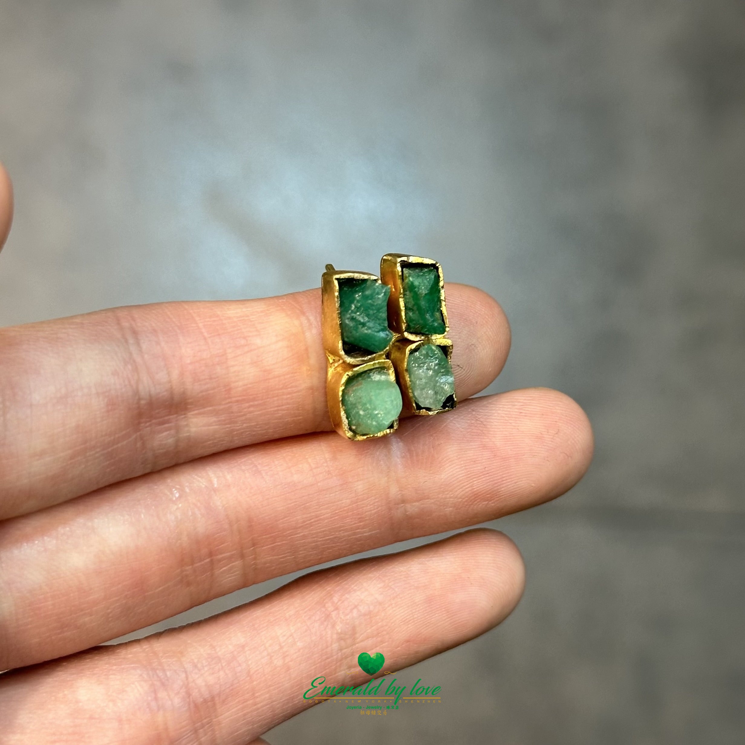 Elegant Double Rectangle Gold-Plated Earrings with Rough Emeralds