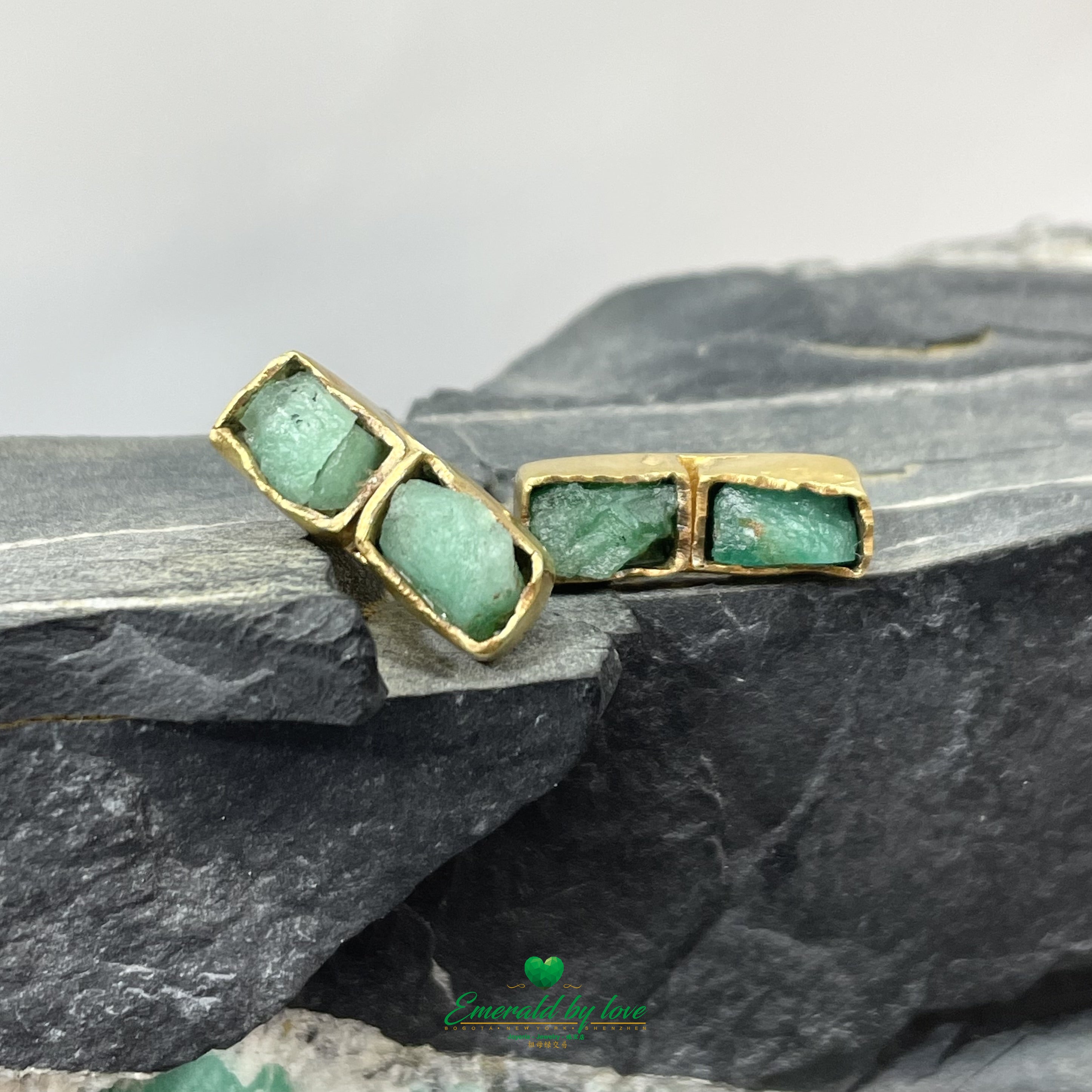 Stylish Gold-Plated Earrings with Elongated Boxes and Rough Emeralds