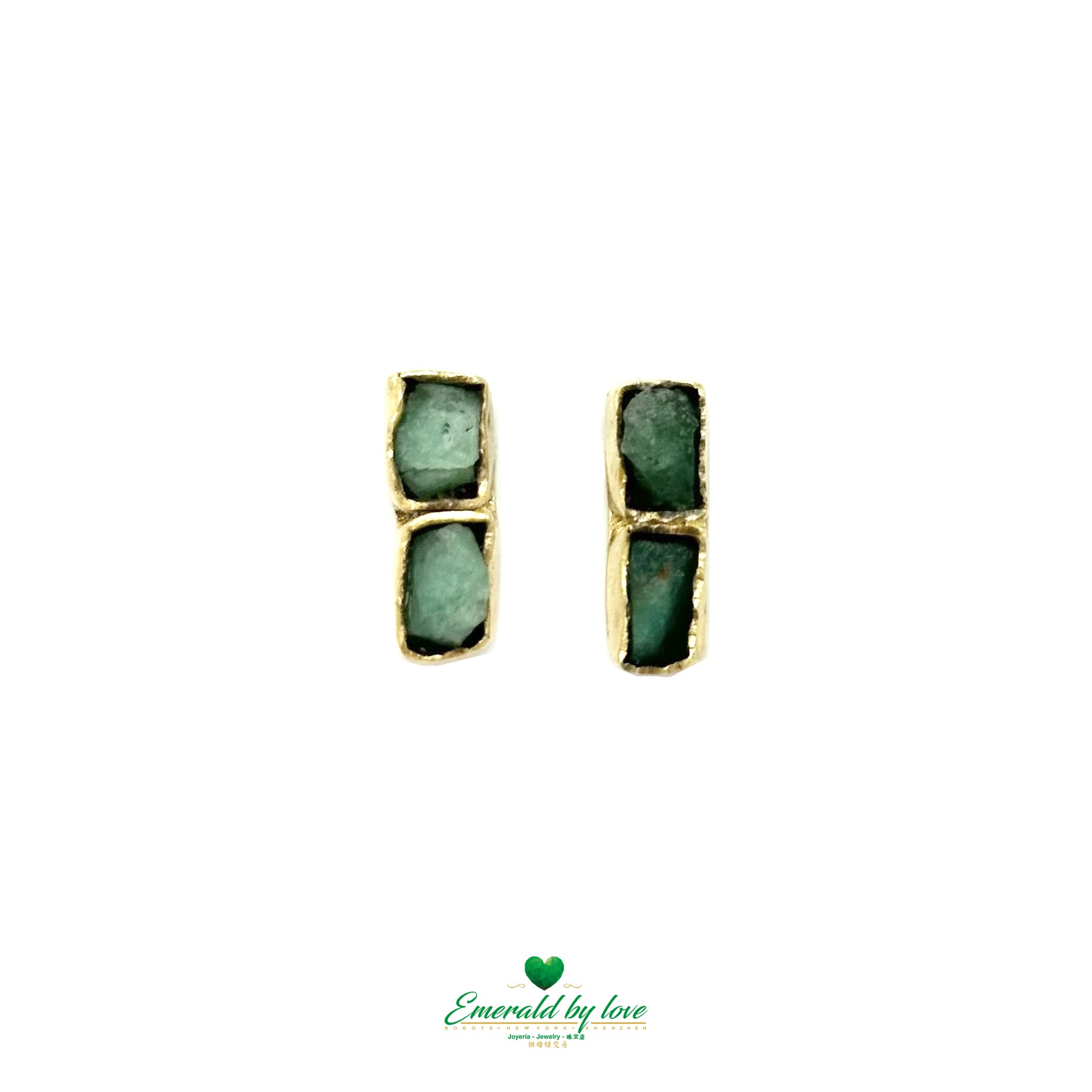 Stylish Gold-Plated Earrings with Elongated Boxes and Rough Emeralds