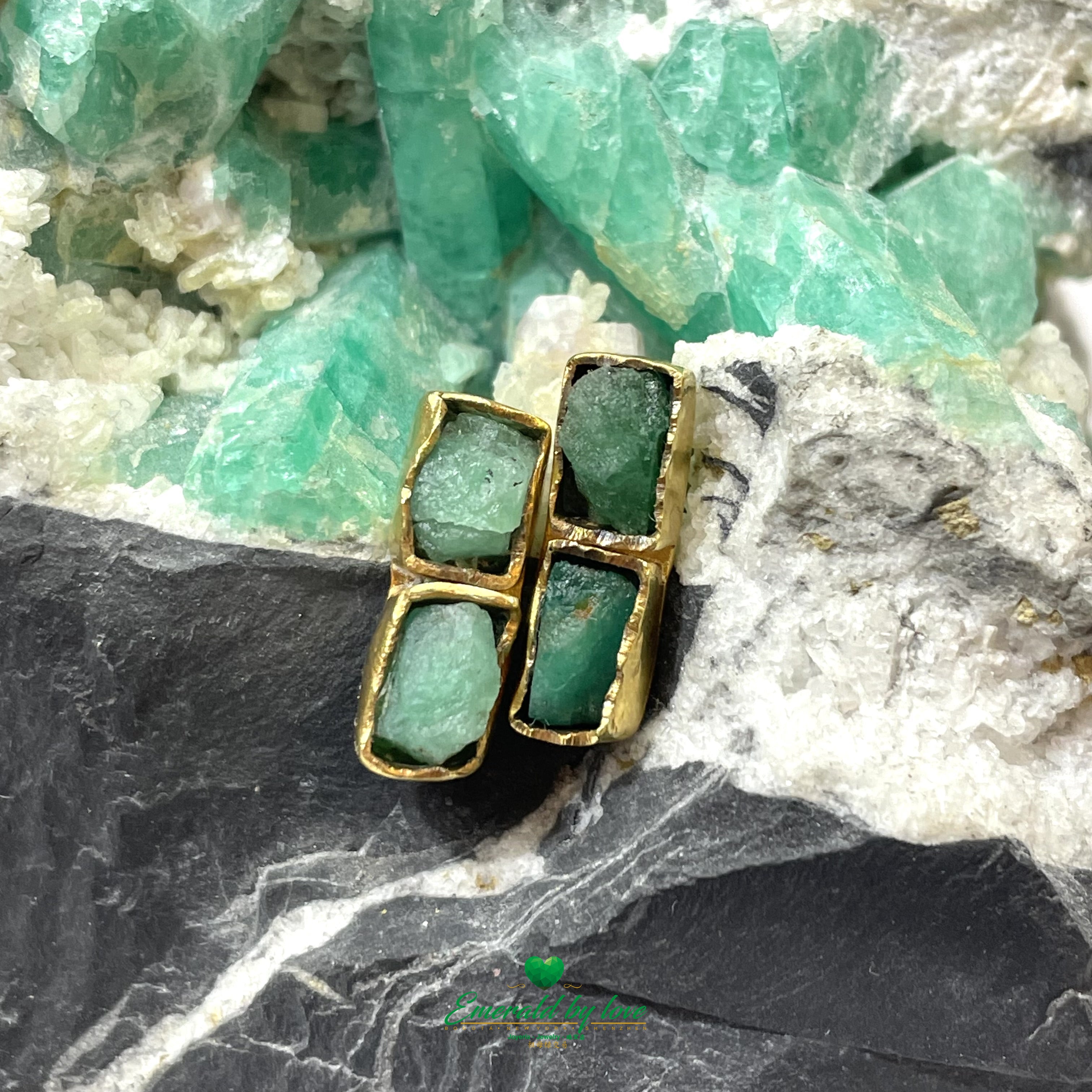 Stylish Gold-Plated Earrings with Elongated Boxes and Rough Emeralds