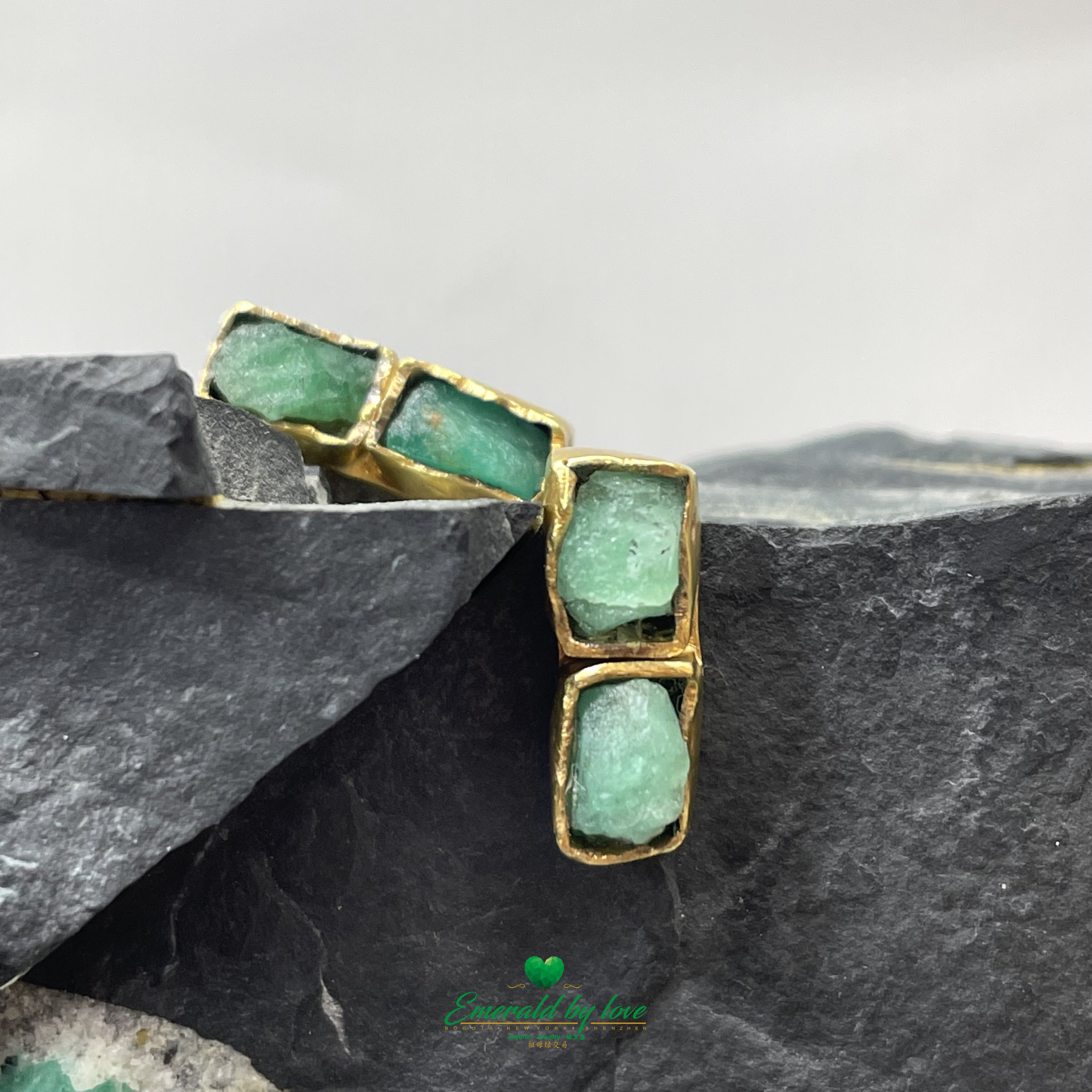 Stylish Gold-Plated Earrings with Elongated Boxes and Rough Emeralds