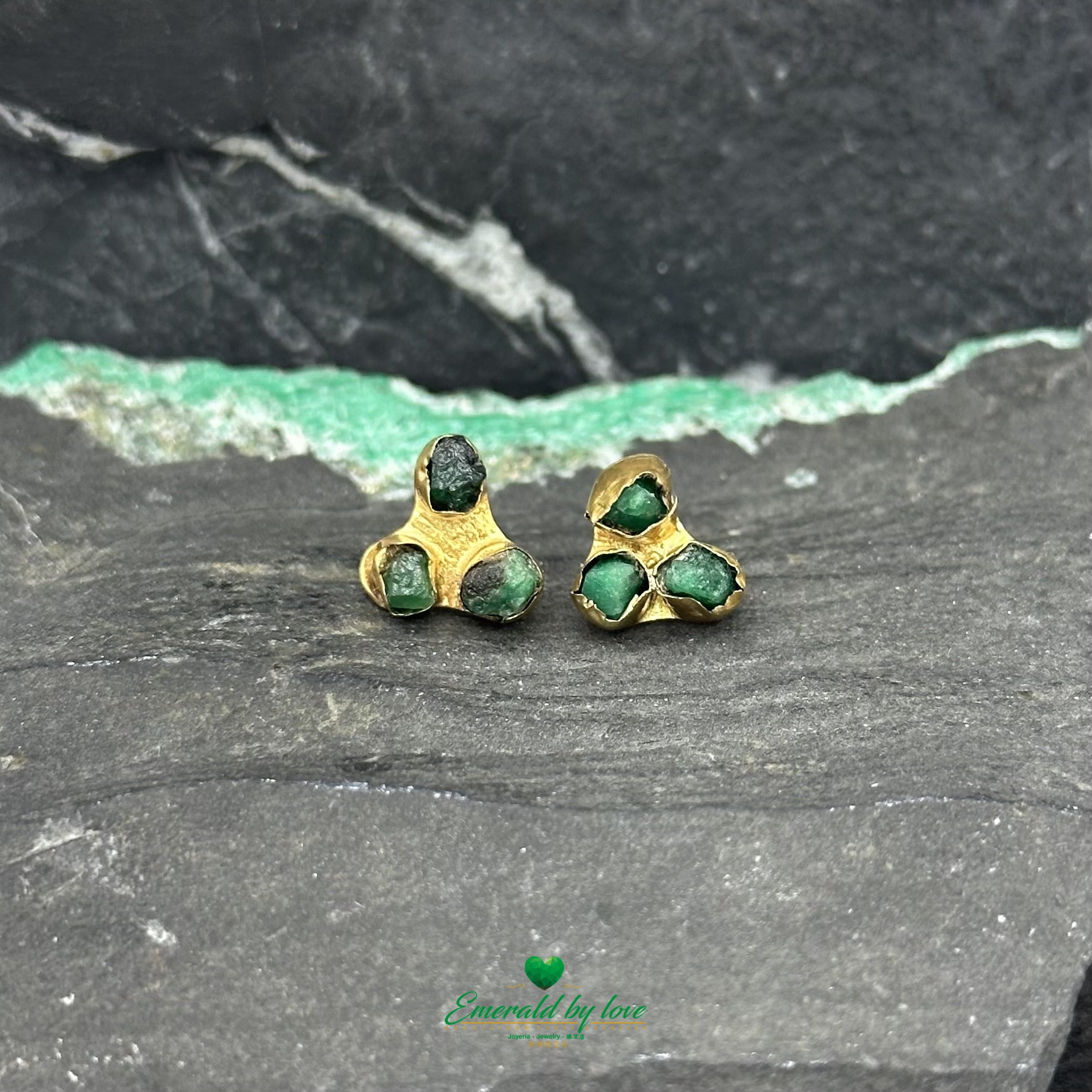 Minimalist Earrings with Trio of Rough Colombian Emeralds