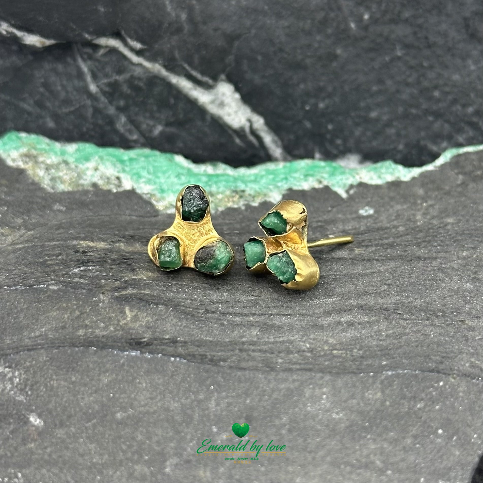 Minimalist Earrings with Trio of Rough Colombian Emeralds